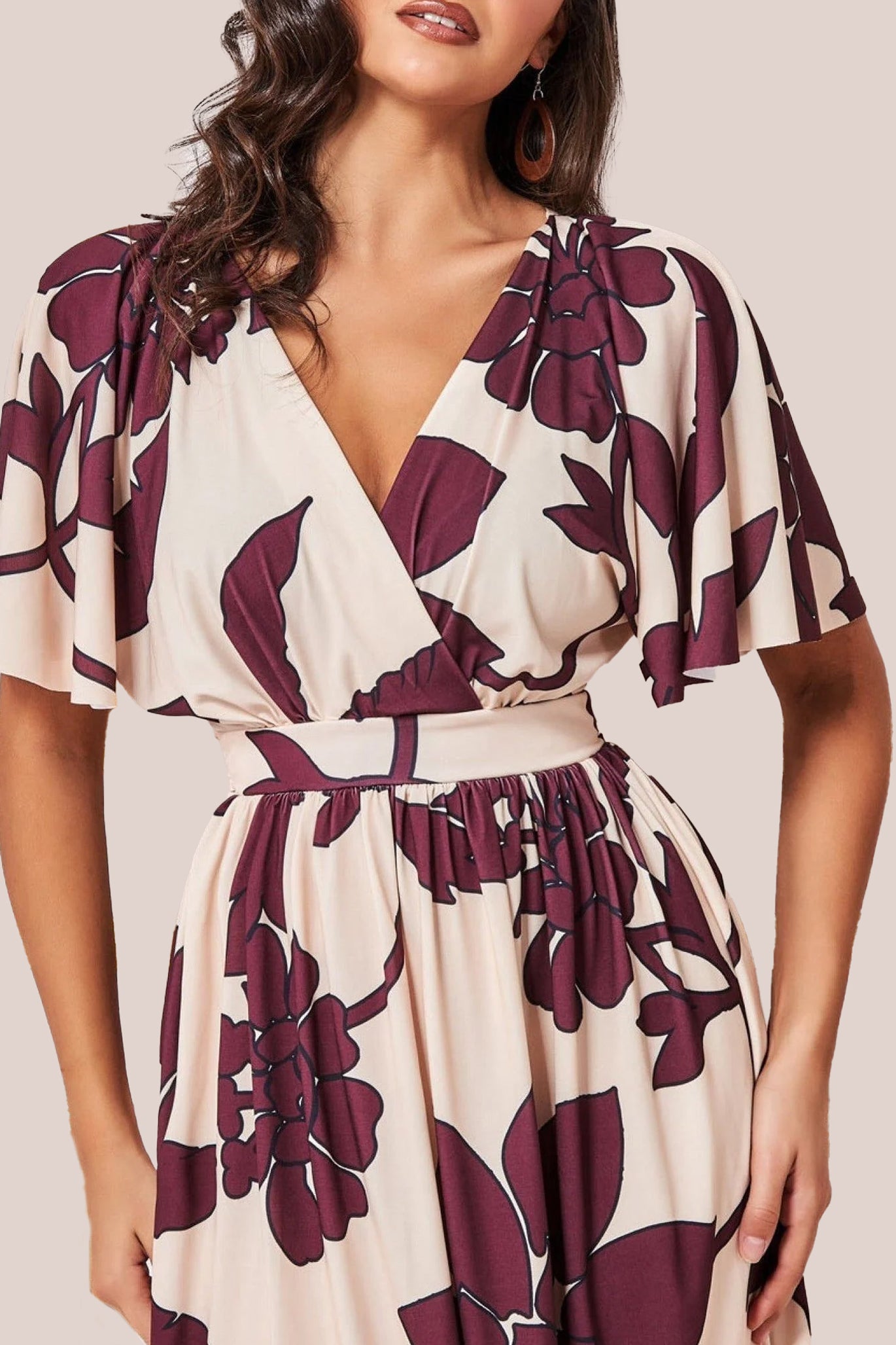 Goddiva Leaf Print Flutter Sleeve Midi - Crea