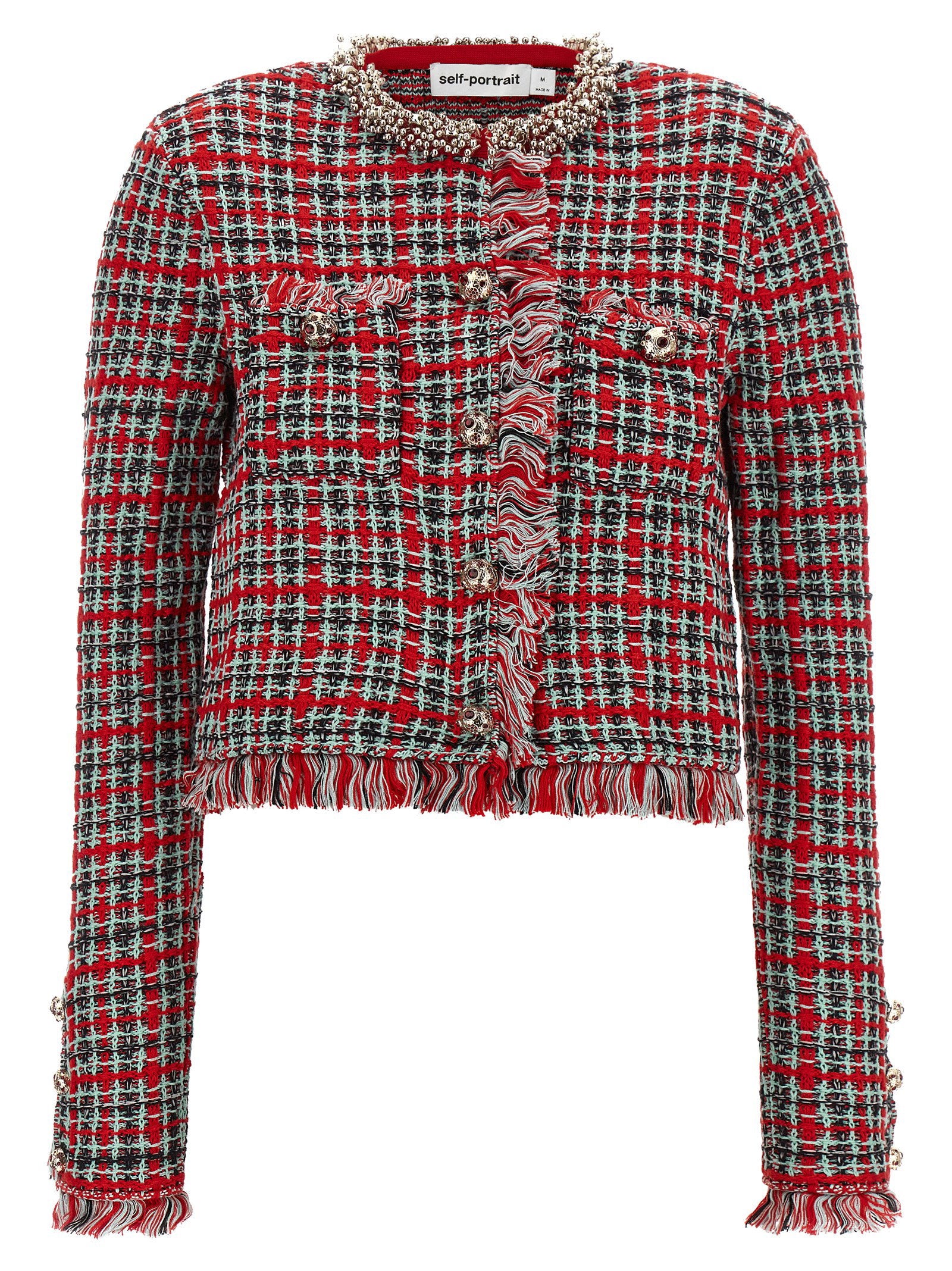 Fringed Check Tweed Jacket — Red
