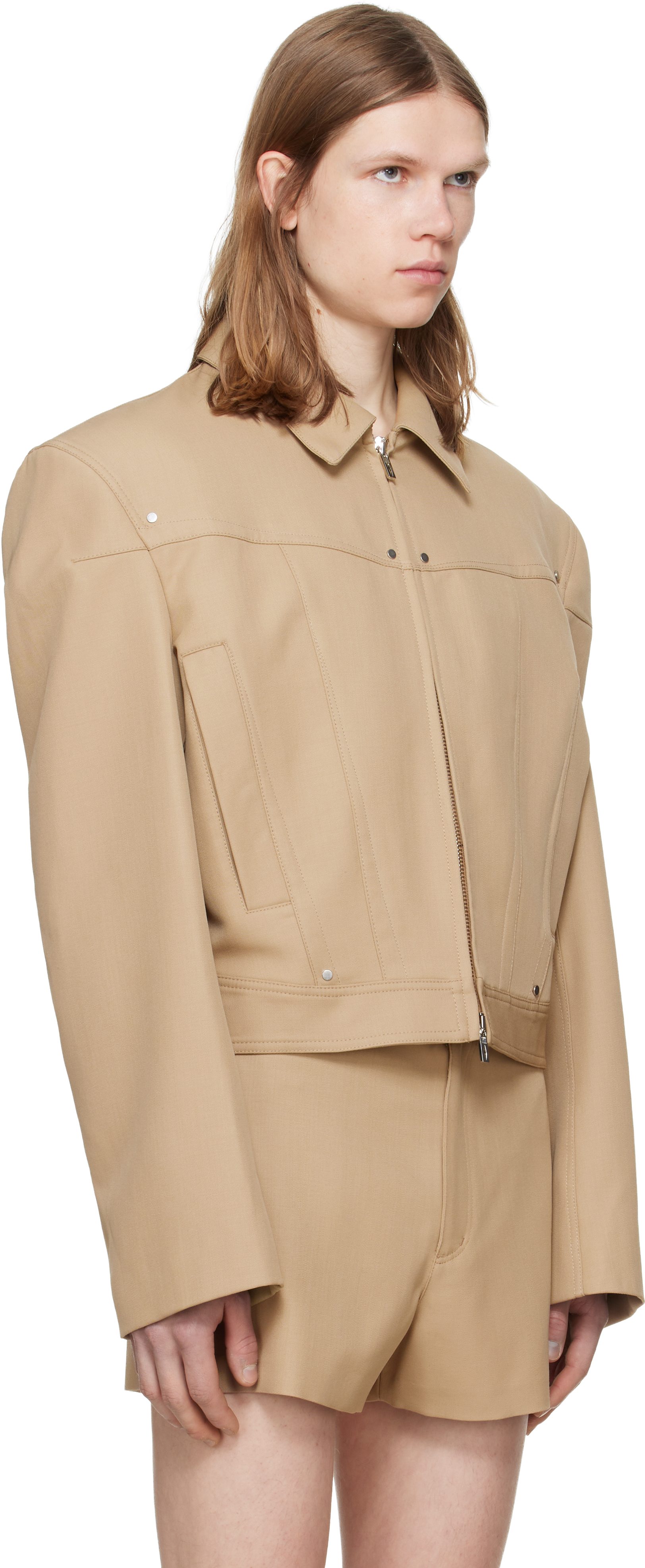 Beige Shoulder Padding Wool Zipped Jacket