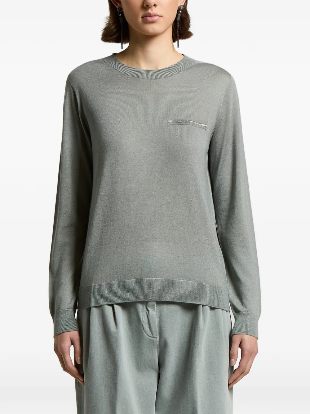 Bead-Embellished Pocket Sweater — Green