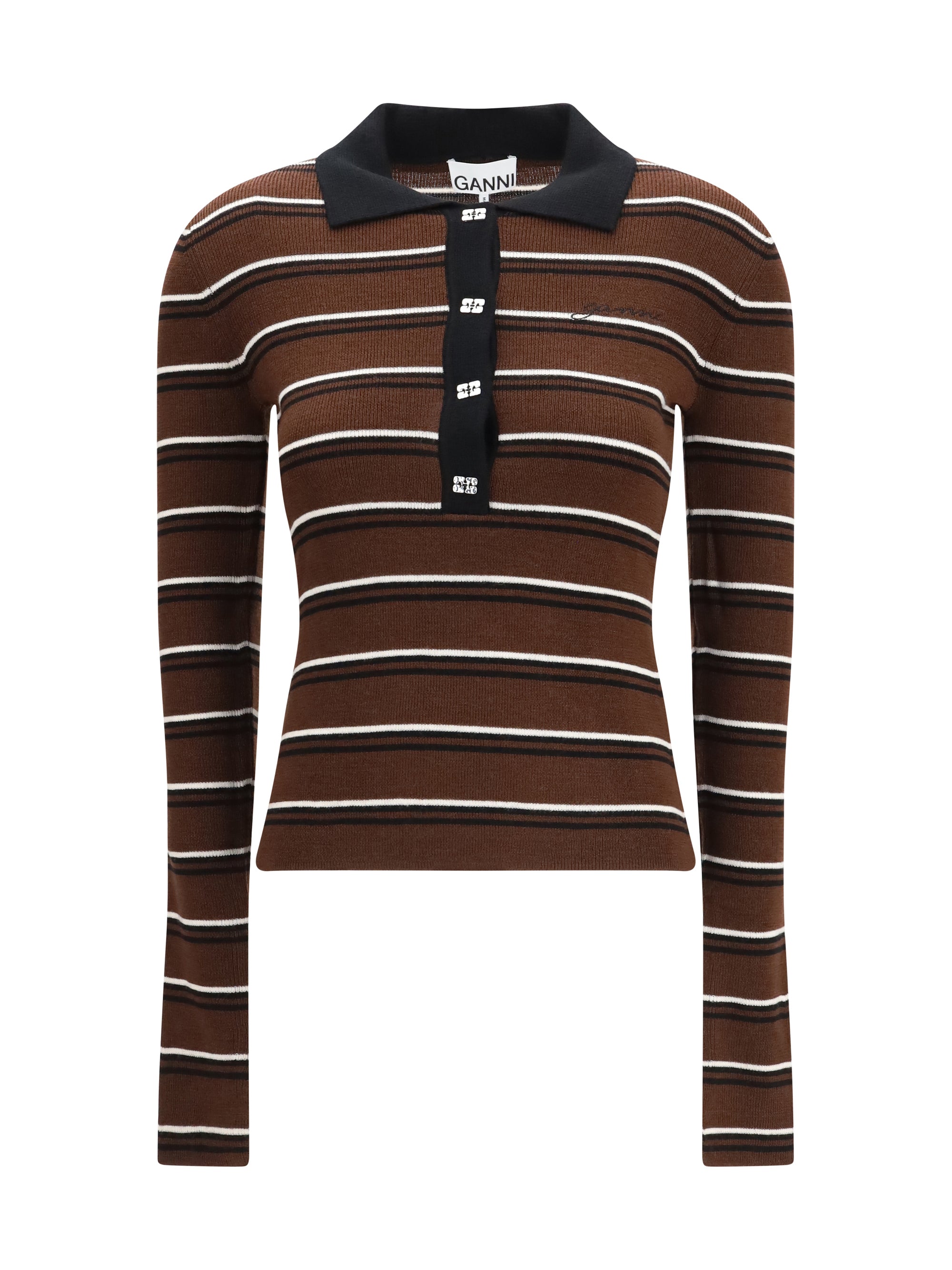 Striped Merino Wool Polo Shirt — Brown