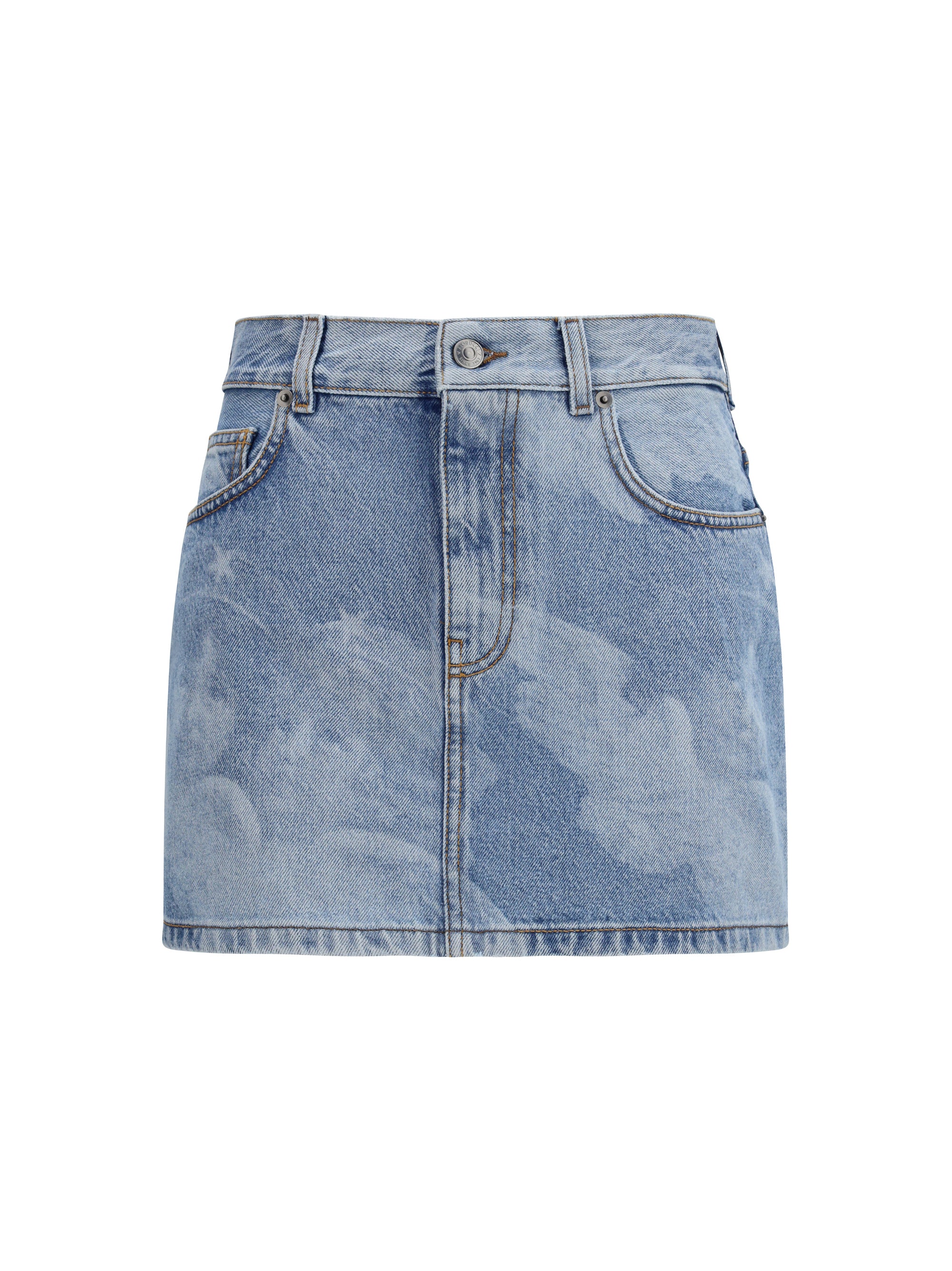 Angel-Print Denim Mini Skirt — Blue