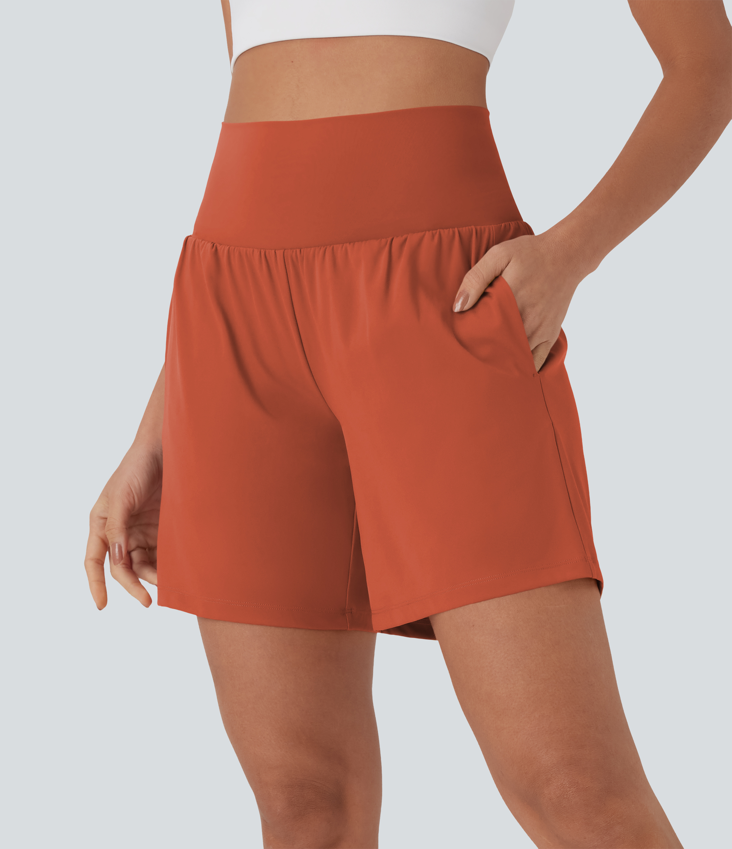 "Softlyzero™ Airy Super High Waisted 2-in-1 Cool Touch Yoga Shorts 7"" with Pockets Gym Short - Orange Rust