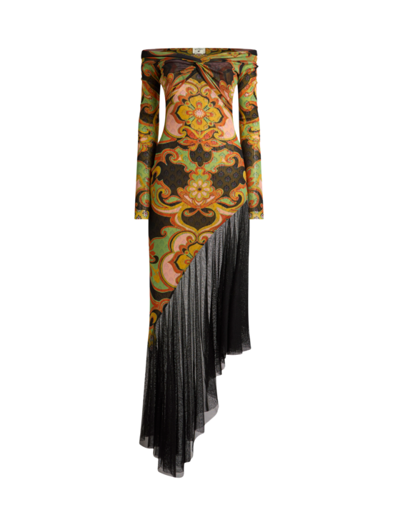 Asymmetric Tulle Midi Dress With Placed Floral Print
