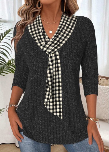 Modlily Black Tummy Coverage Plaid 3/4 Sleeve T Shirt