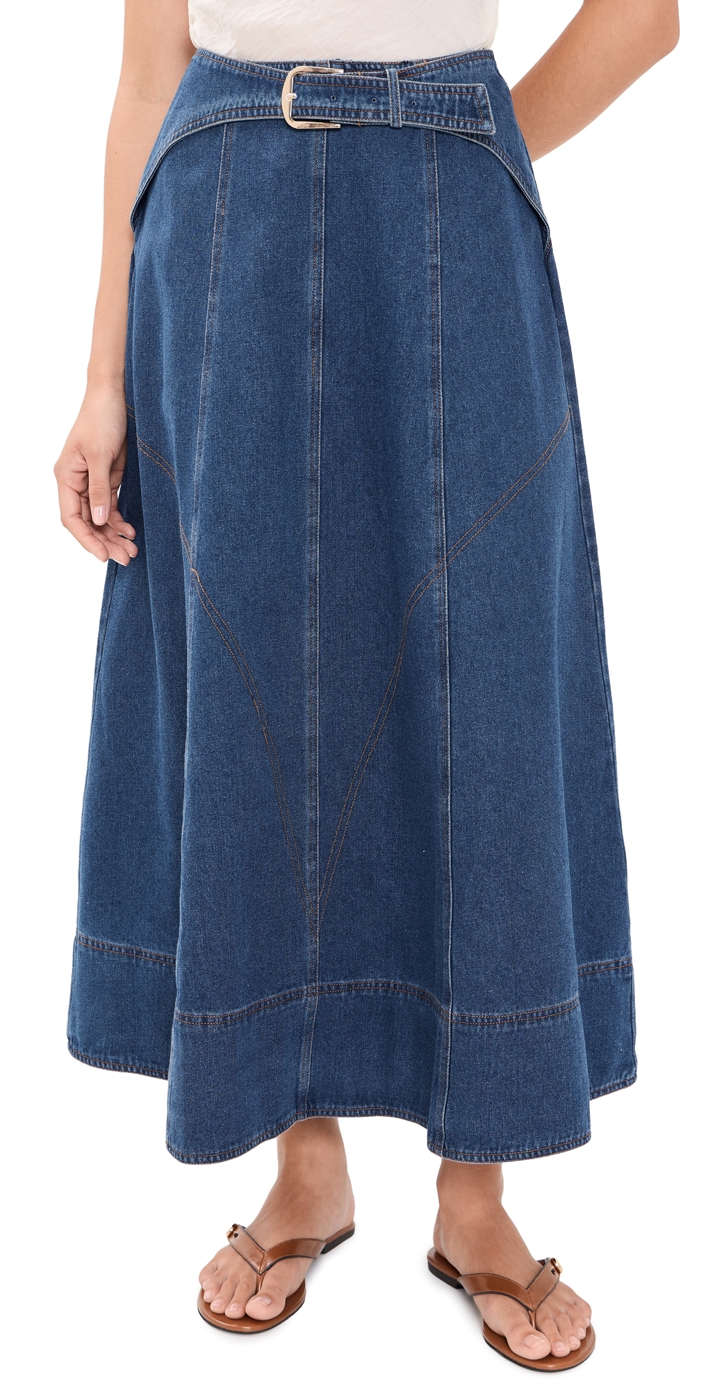Belt Buckle Detail Denim Midi Skirt Denim Blue