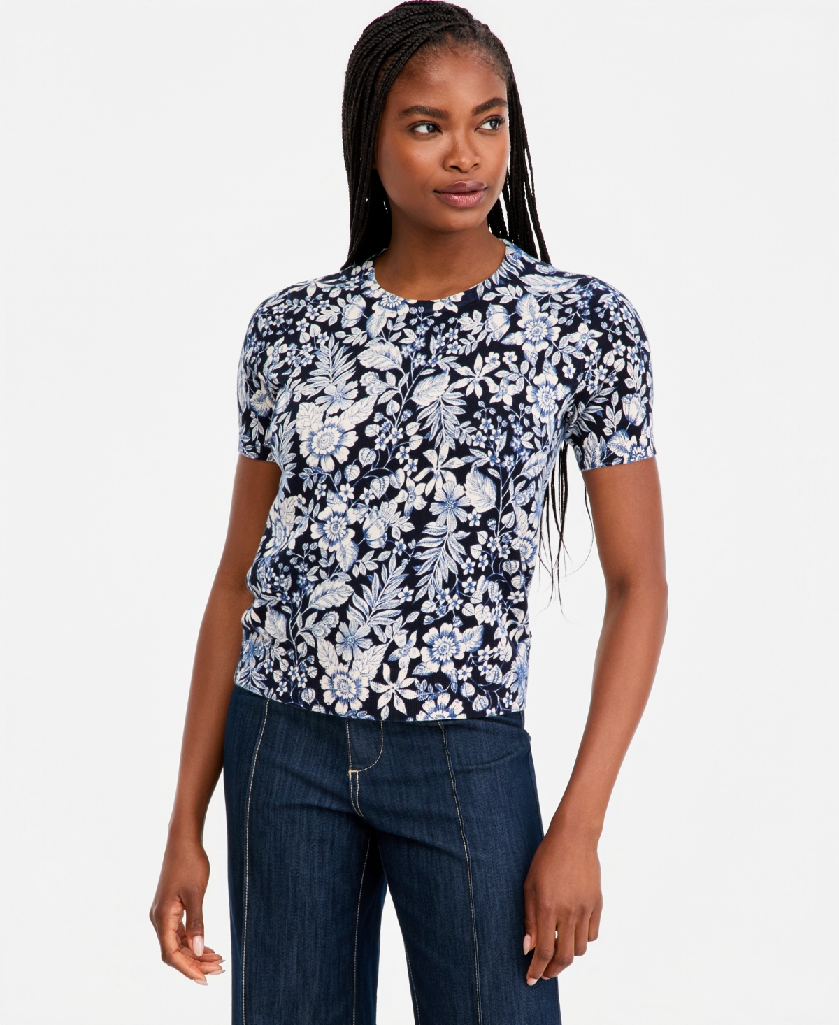 Women's Cotton Short-Sleeve Floral Sweater - Night Sky Multi