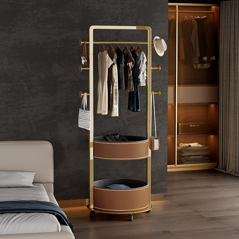 Modern Coat Rack Stand with 2 Trays Saddle Leather Hall Tree