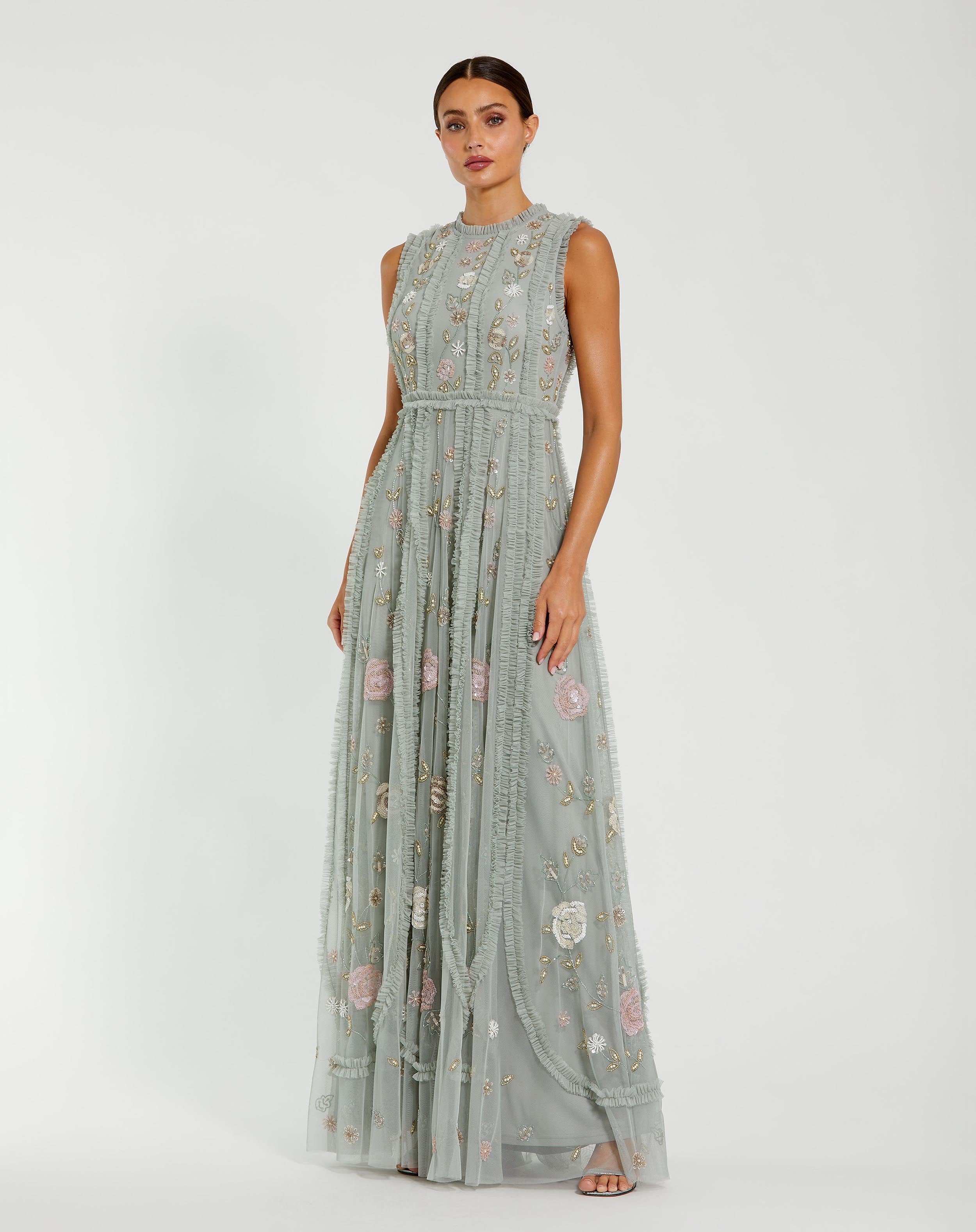 Floral Mesh Sleeveless A Line Micro Ruffle Maxi Gown In Sage Green Multi