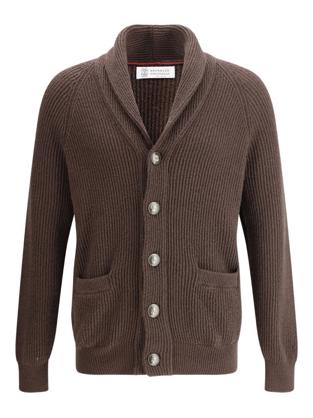 Shawl-Lapel Ribbed Cardigan — Brown