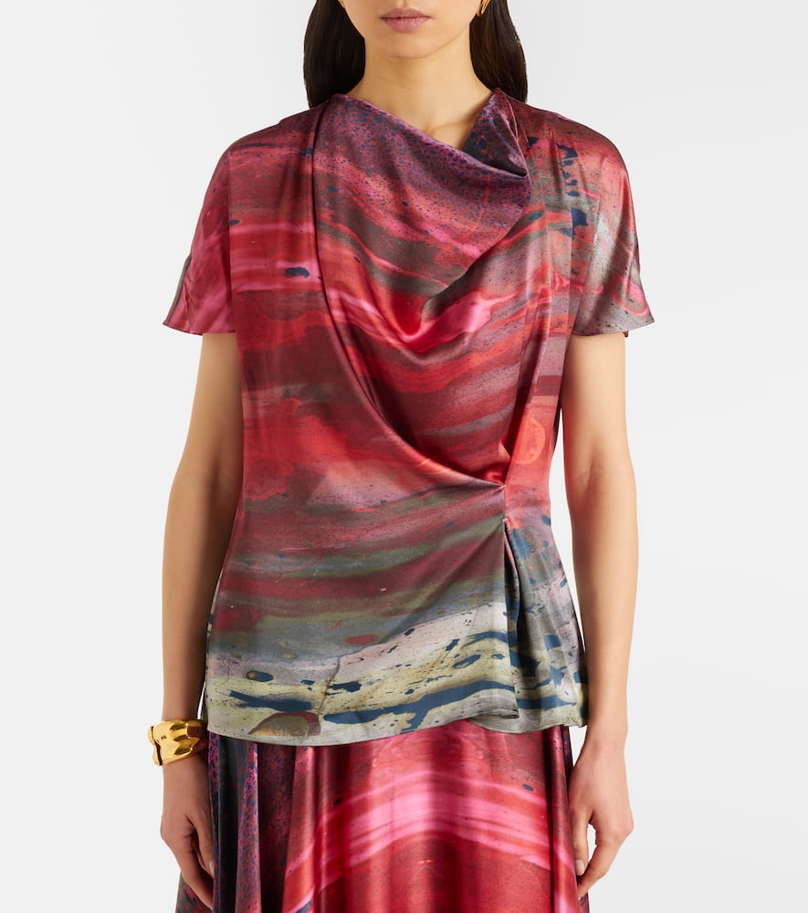 Printed draped silk satin top