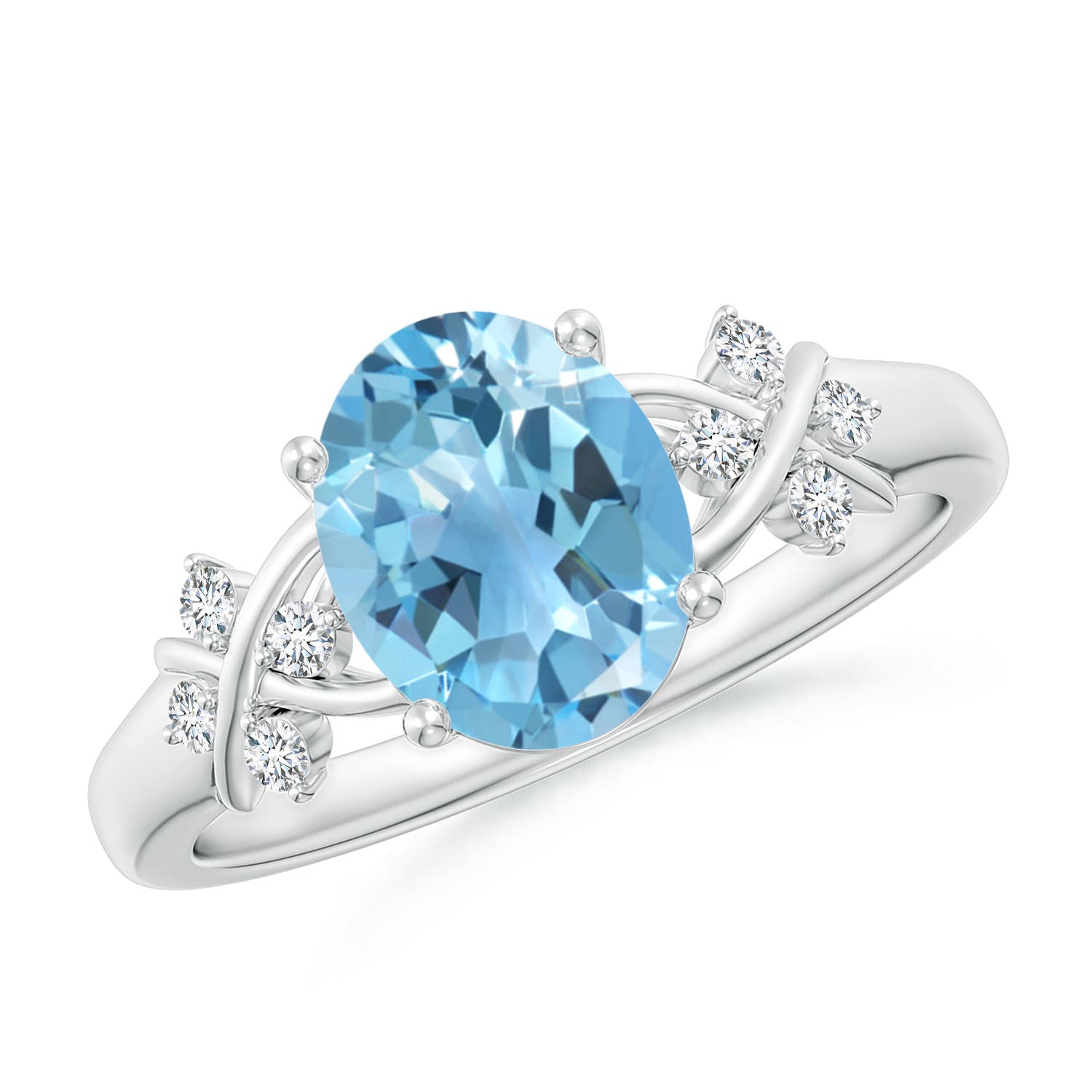 Angara 2.25 Carats Solitaire Oval Swiss Blue Topaz Criss Cross Ring with Diamonds in Platinum