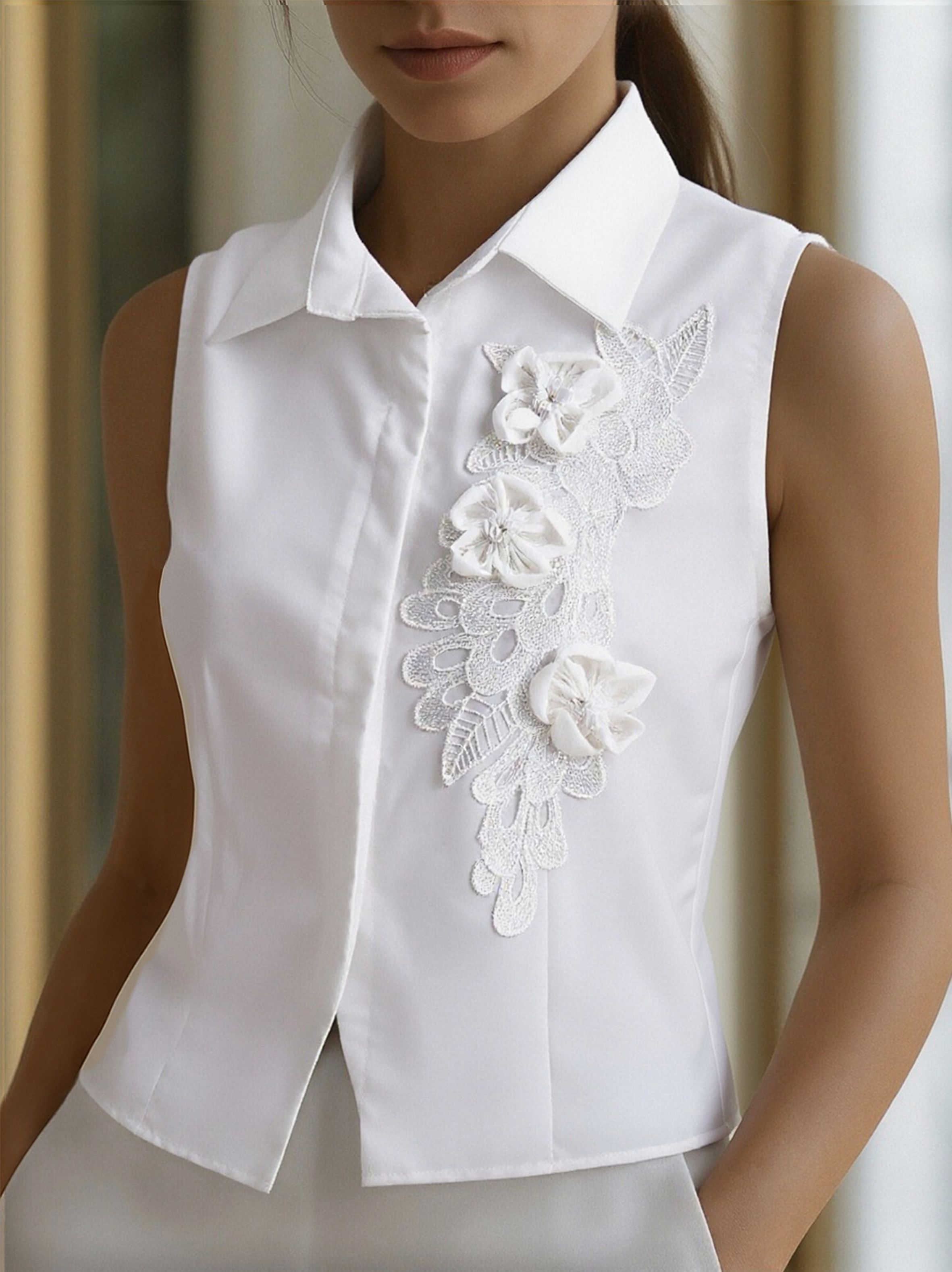 Sleeveless Shirt with 3D Floral Appliqué - White
