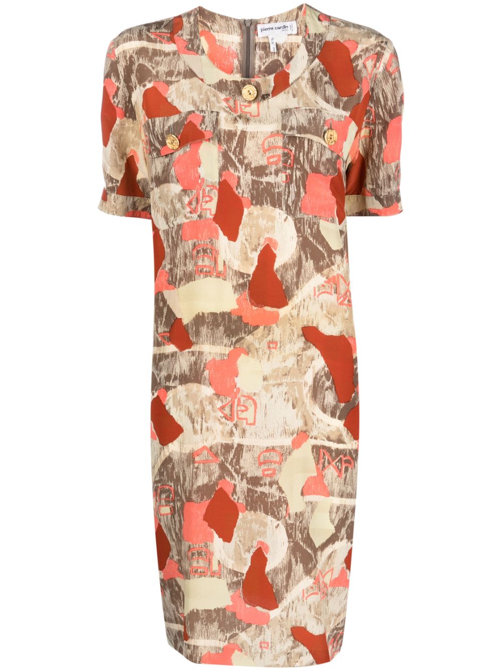 1980s abstract print short-sleeved silk dress - Brown
