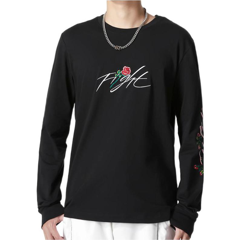 Men's Sleeve Side Flowers Logo Printing Round Neck Long Sleeves Black