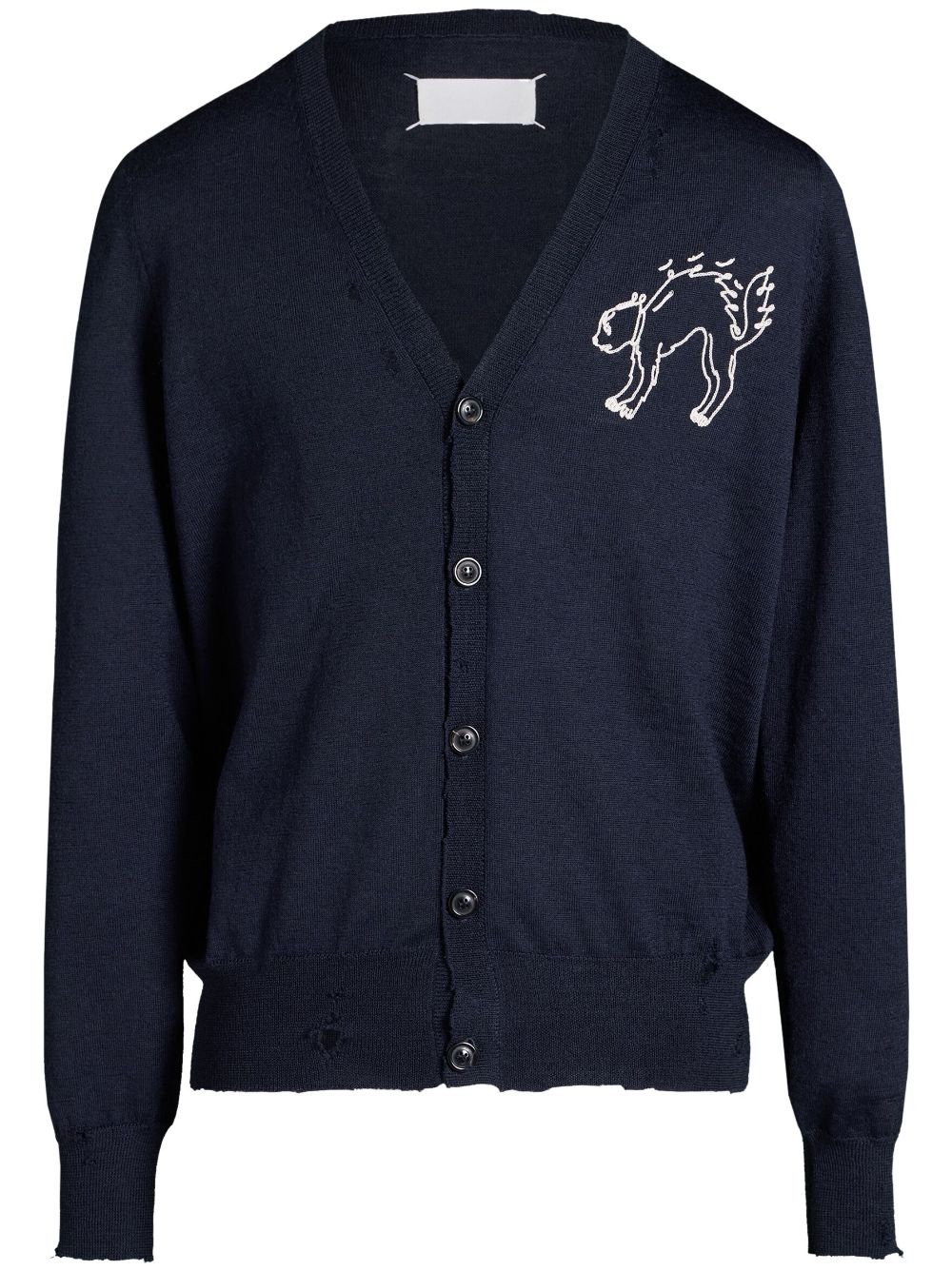 Embroidered-cat wool cardigan - Blue