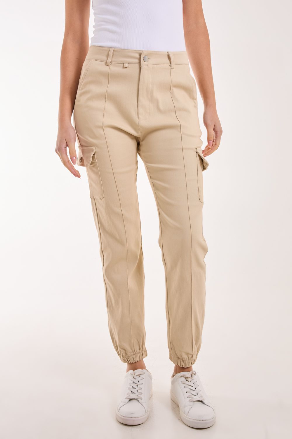 Pink Vanilla Women's Utility Stretch Cargo Trousers in Stone