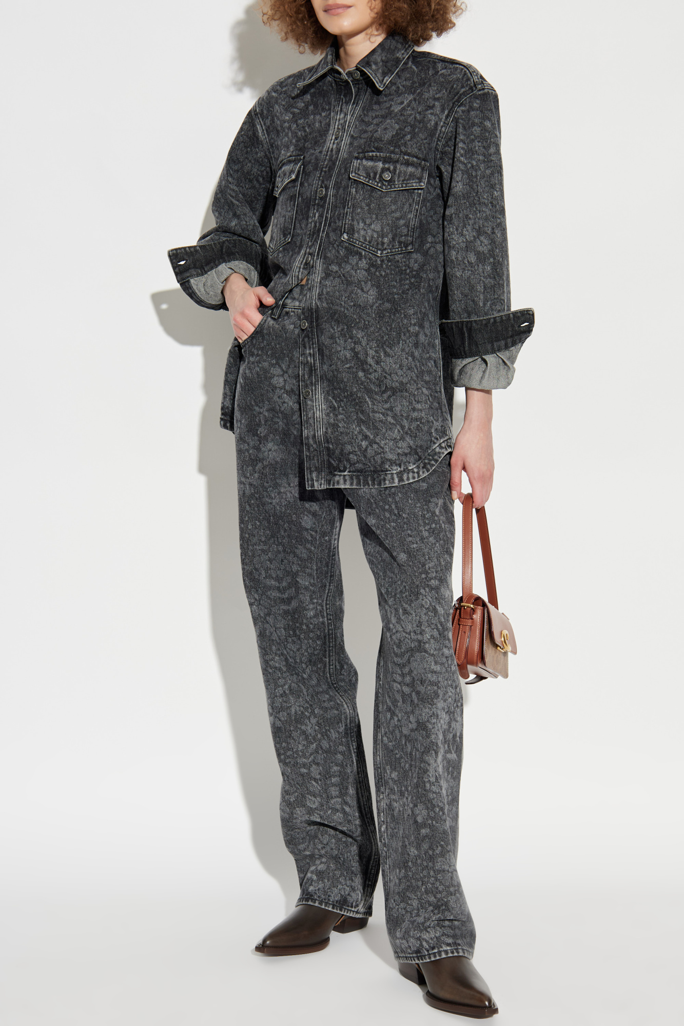 Denim Shirt With Floral Motif, Women's, Grey