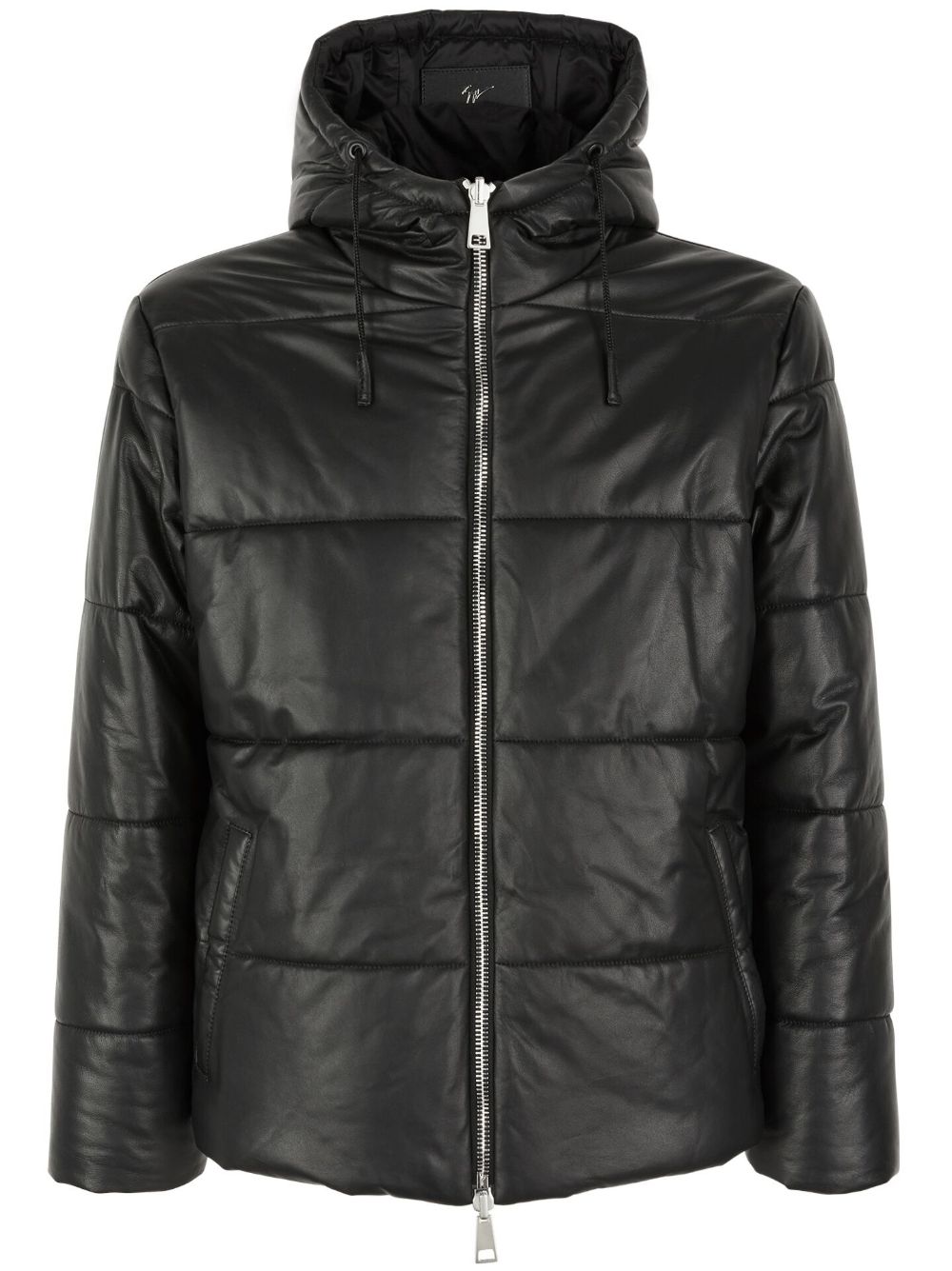 Drawstring-hood leather puffer jacket - Black