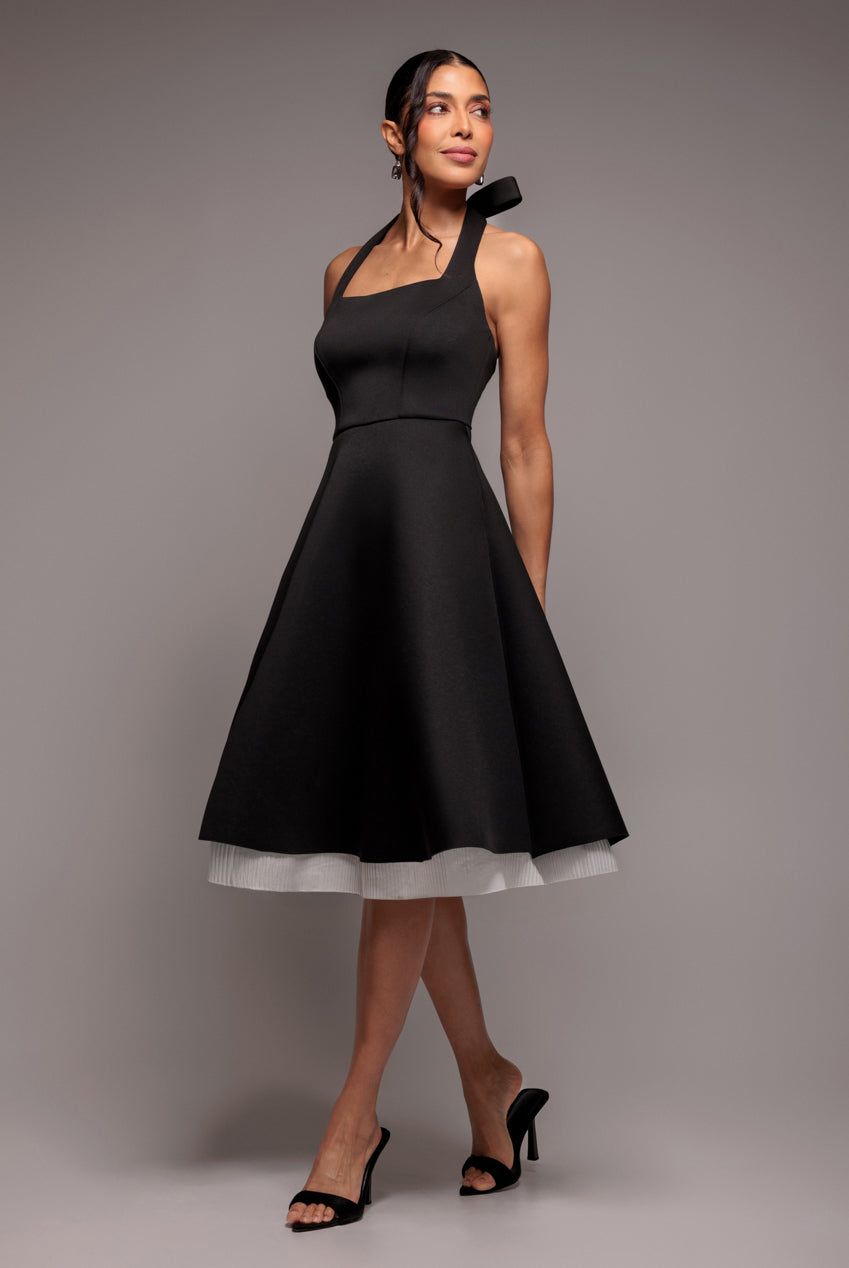 Goddiva Women's Contrast Organza Frill Bow Back Halter Midi Dress in Black