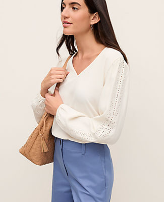 Ann Taylor Petite Mixed Media Embroidered Blouse