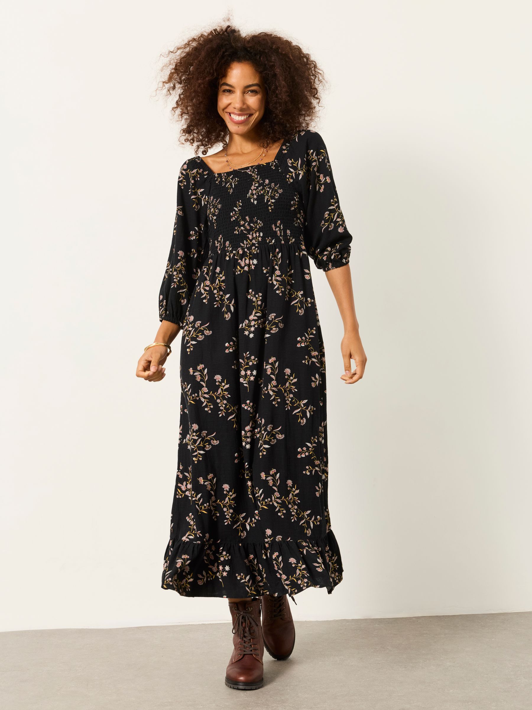FatFace Adele Black Vintage Floral Petite Midi Dress