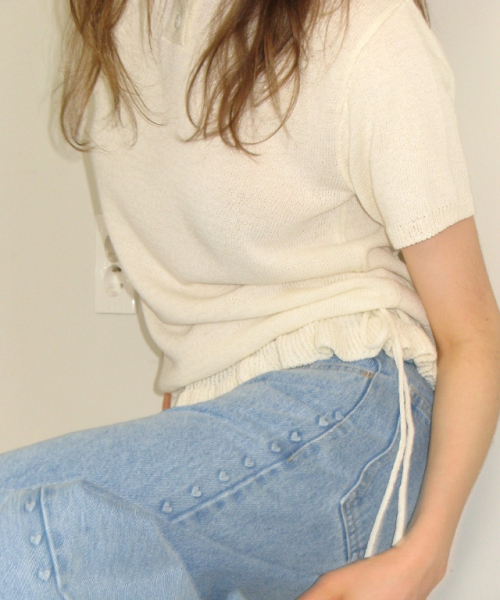 BUTTON HOODED FRILL HALF SLEEVE KNIT IVORY