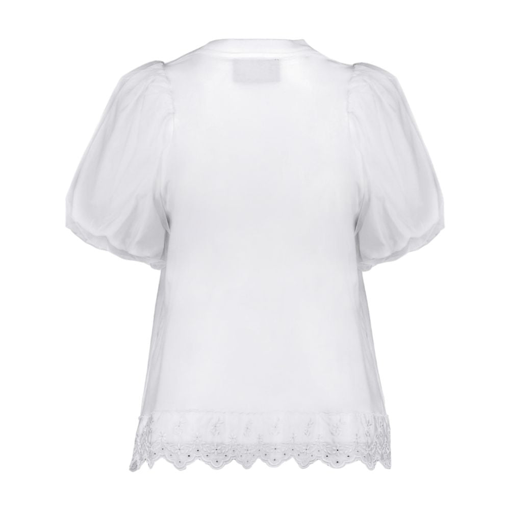 Tulle Overlay Puff Sleeve Lace Blouse — White