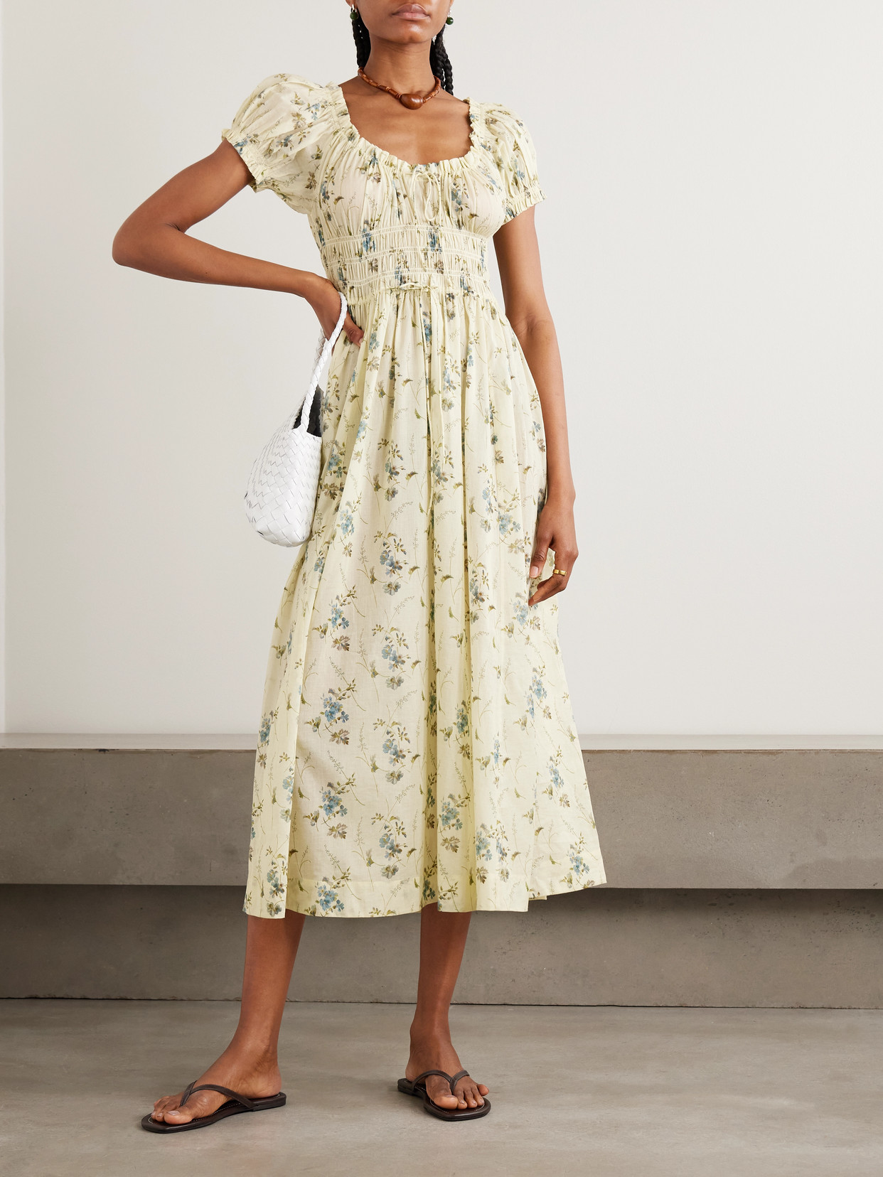 Ashlynn Tie-detailed Shirred Floral-print Organic Cotton-voile Midi Dress - Yellow
