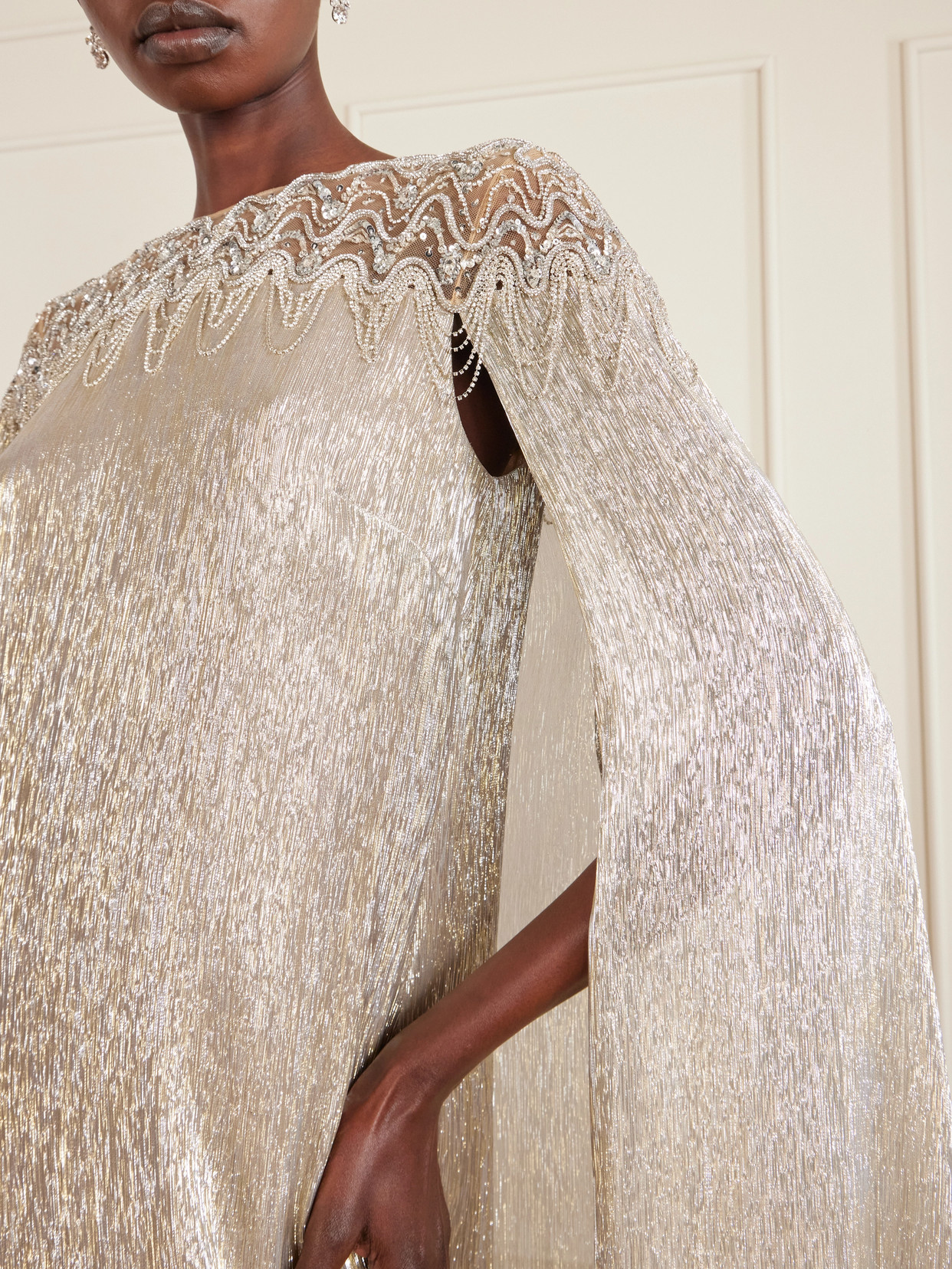 Cape-effect Crystal And Sequin-embellished Tulle-trimmed Lamé Gown - Silver