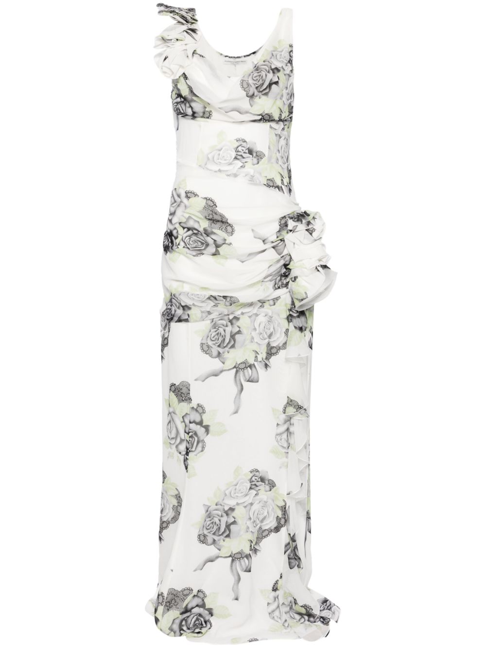 Rose-print silk gown - White