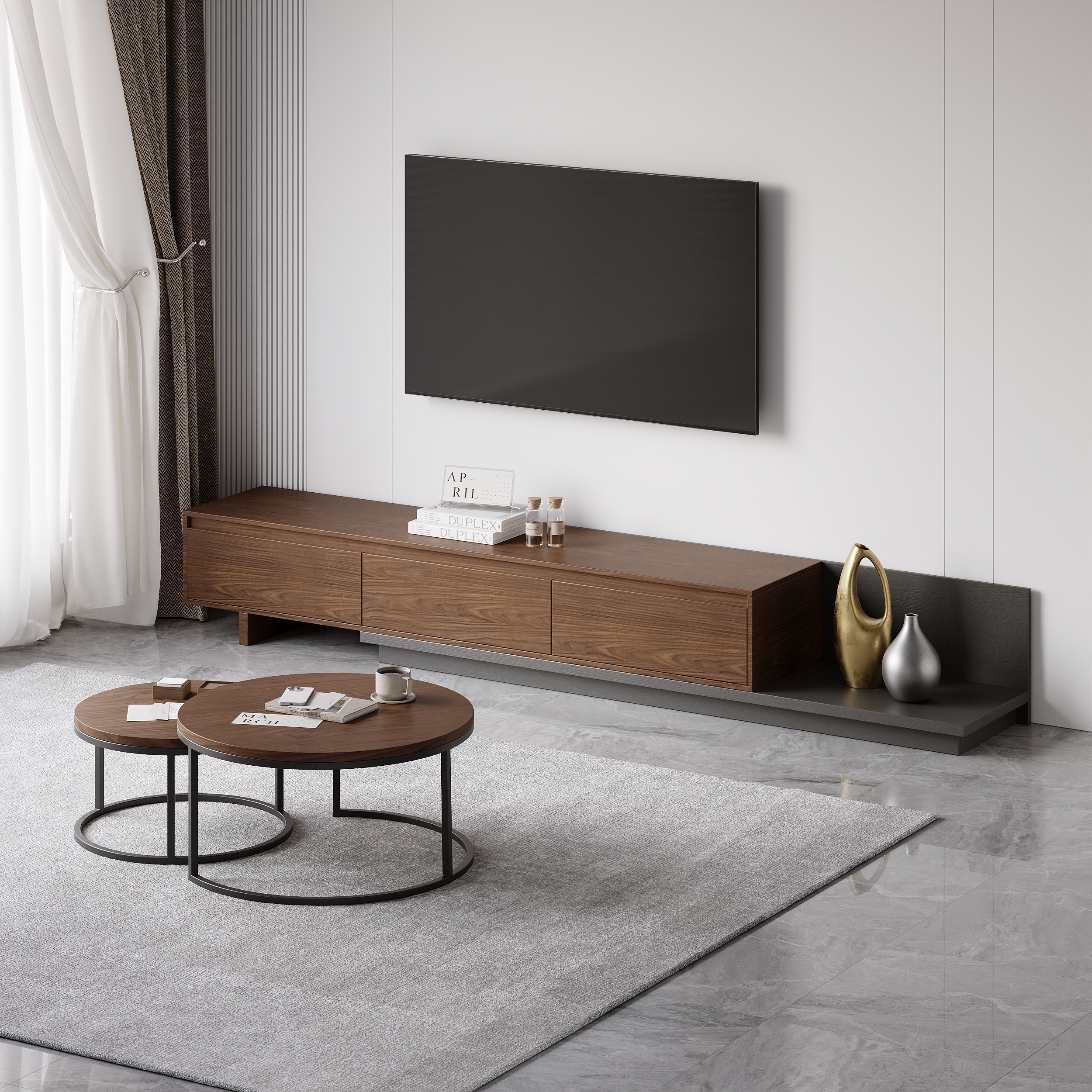 Living Room Set Retracted & Extendable 3-Drawer TV Stand & Round Nesting Coffee Table