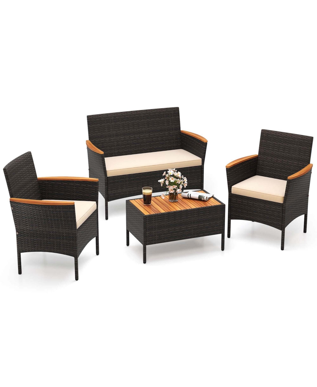 4 Pcs Patio Wicker Sofa Set with Coffee Table Acacia Wood Armrests & Tabletop - Beige/khaki