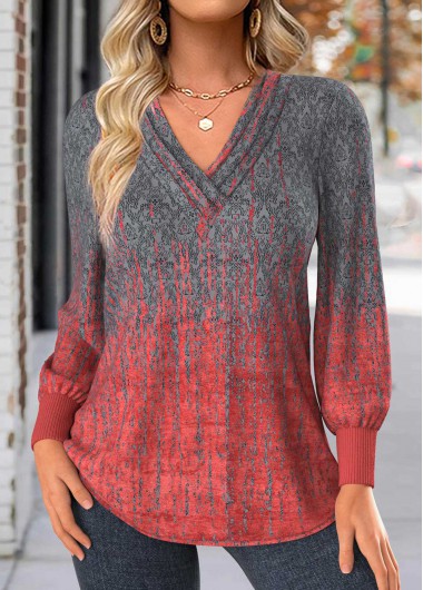 Modlily Dark Grey Ombre Long Sleeve V Neck T Shirt