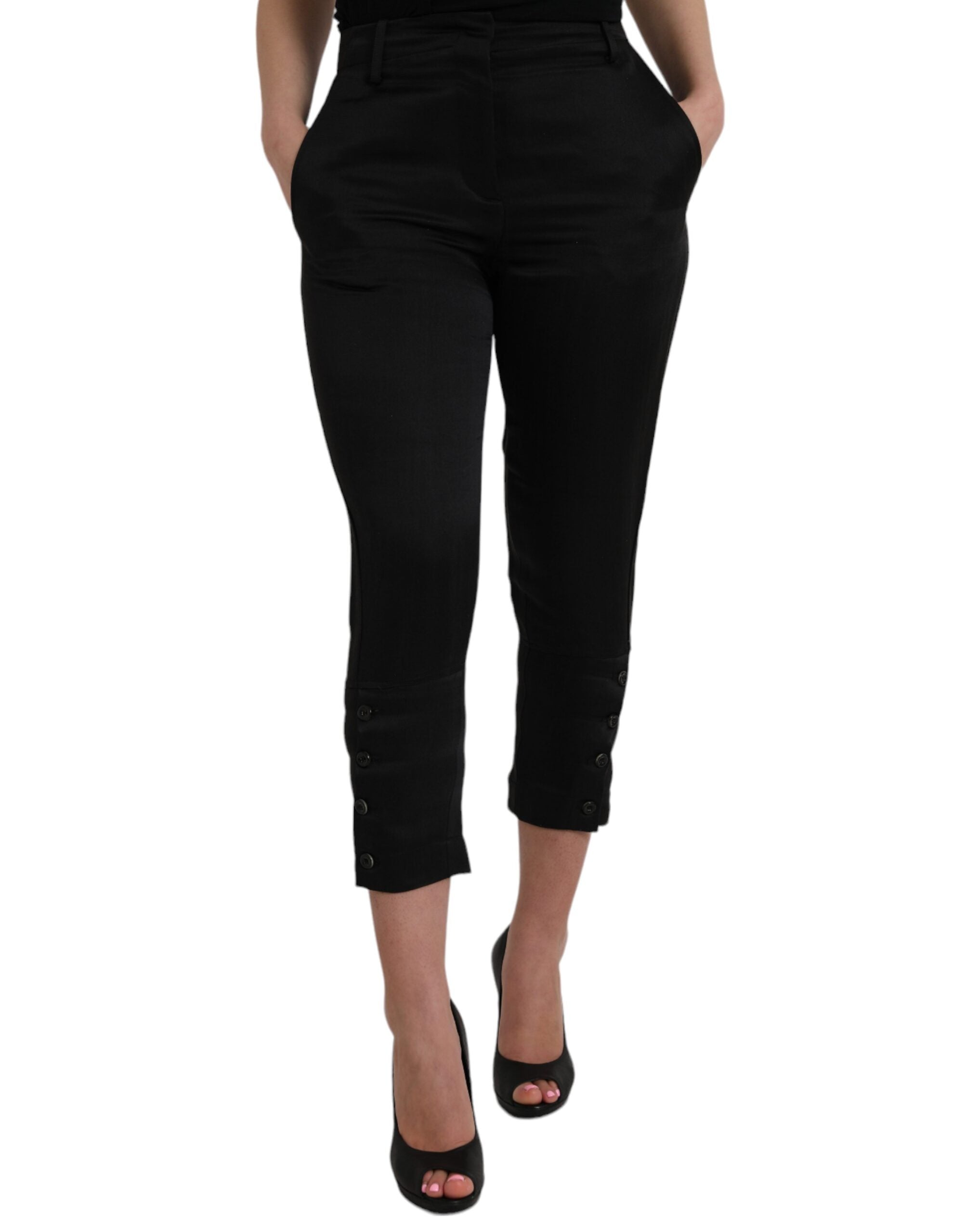 High-Waist Capri Cropped Cotton Trousers — Black