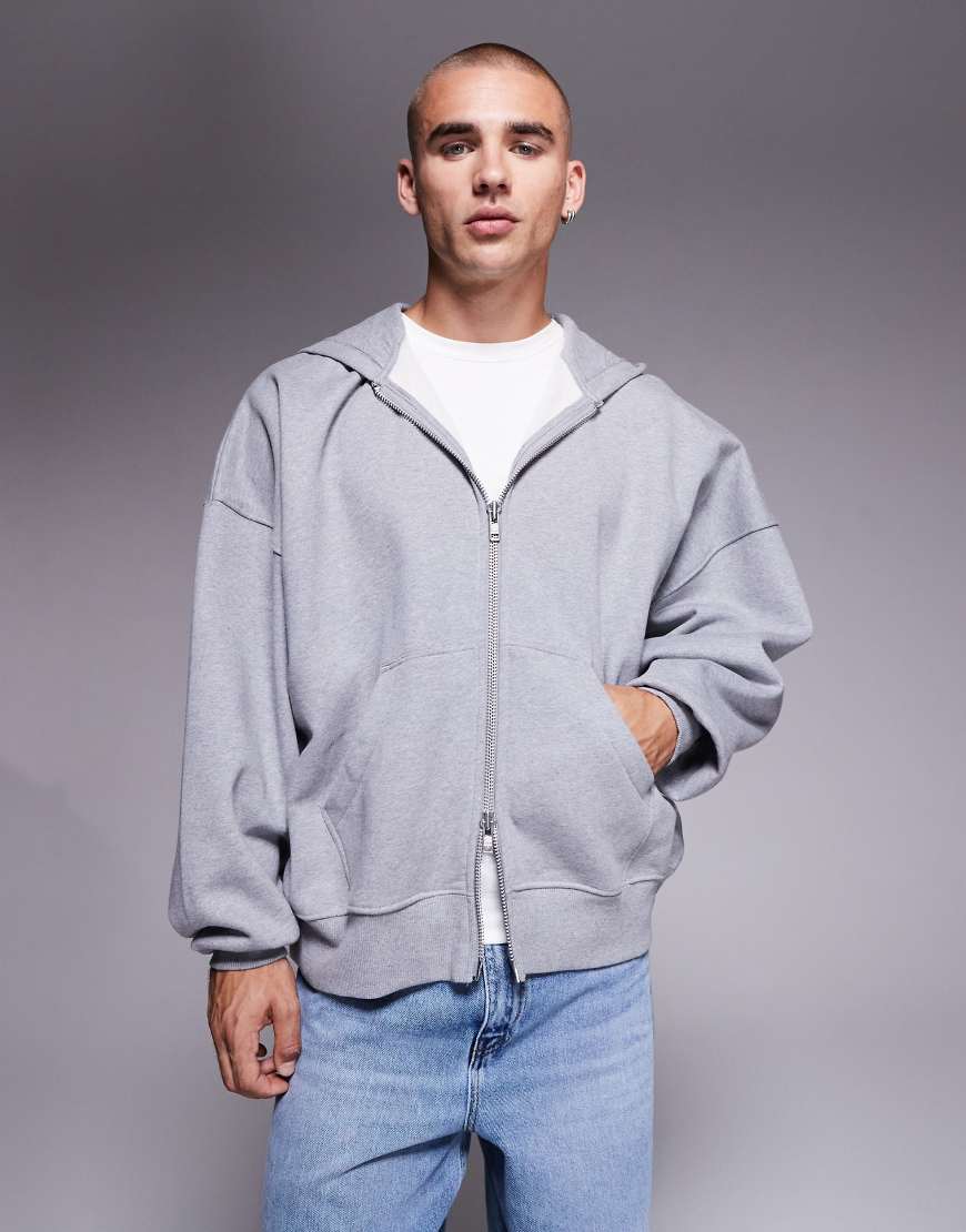 Premium heavyweight extreme oversized zip through hoodie in 400gsm grey marl