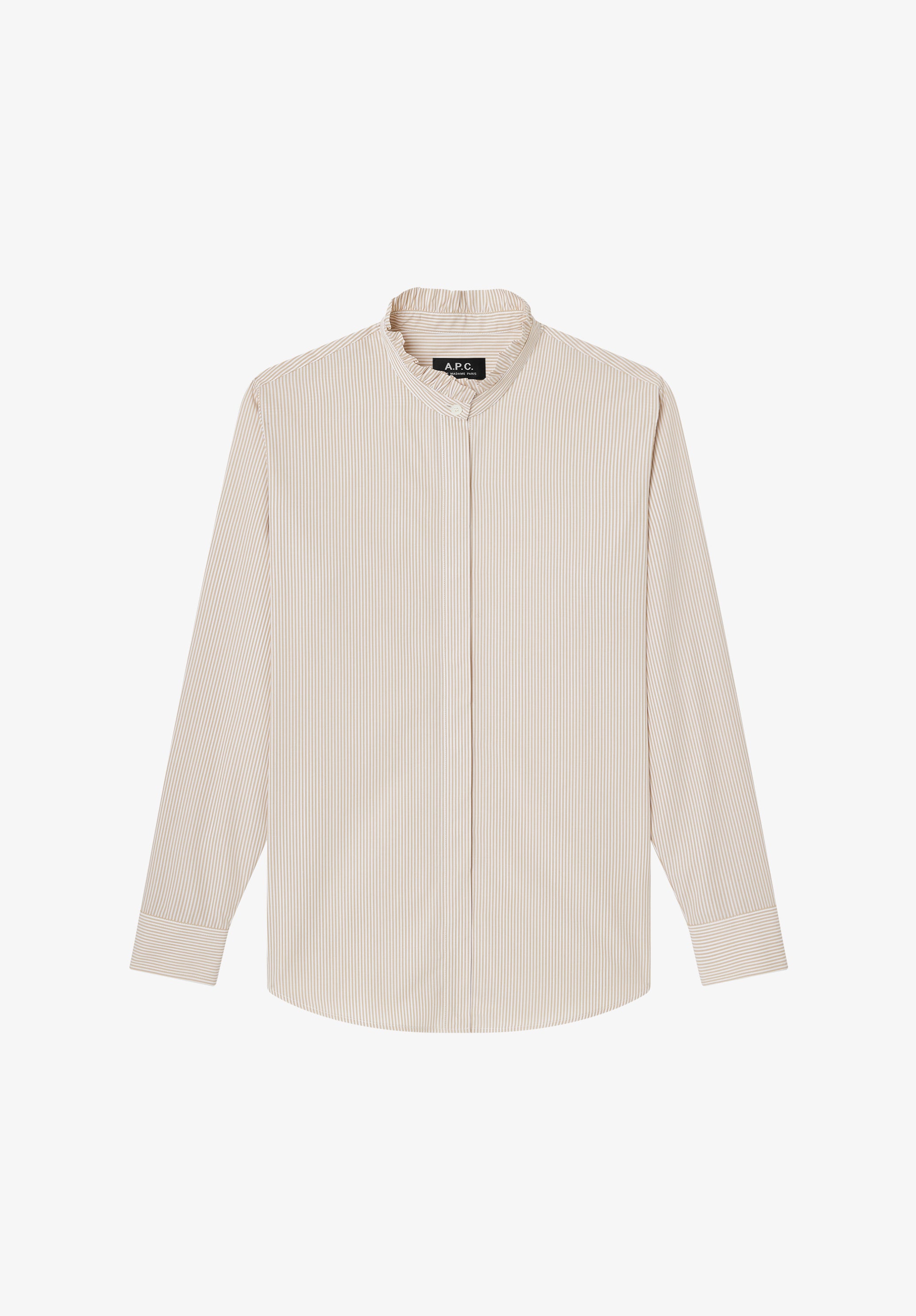 A. P.C. Women's Striped blouse with ruffled collar Size: 34 in Beige
