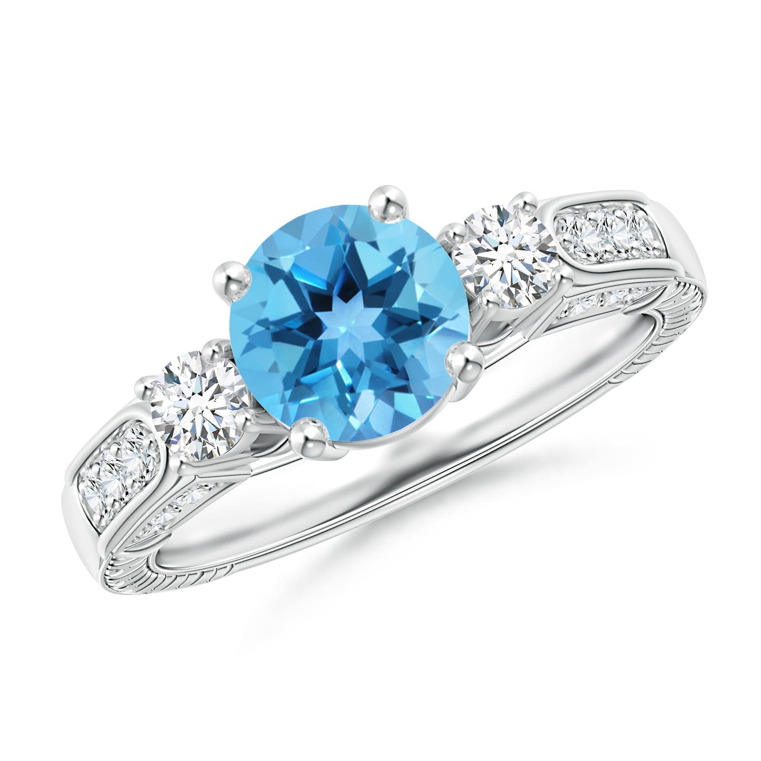 Angara 1.55 Carats Three Stone Round Swiss Blue Topaz and Diamond Ring in Platinum