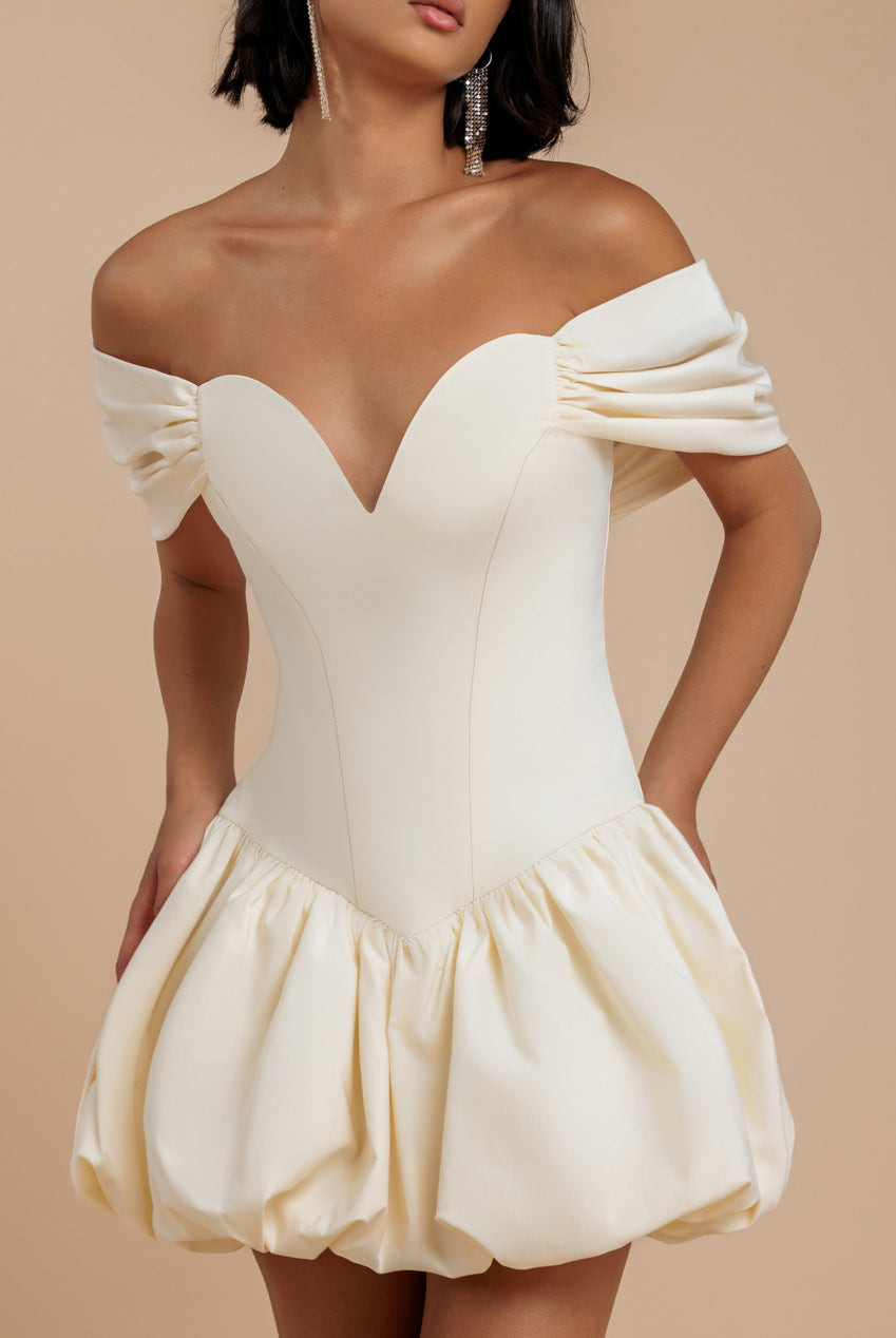 Goddiva Bardot Babydoll Corset Mini Dress - Crea