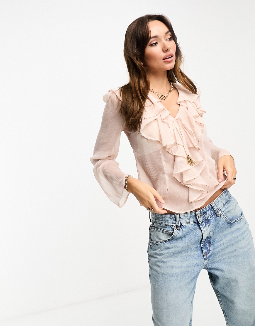 Embellished ruffle blouse in light pink-Blue