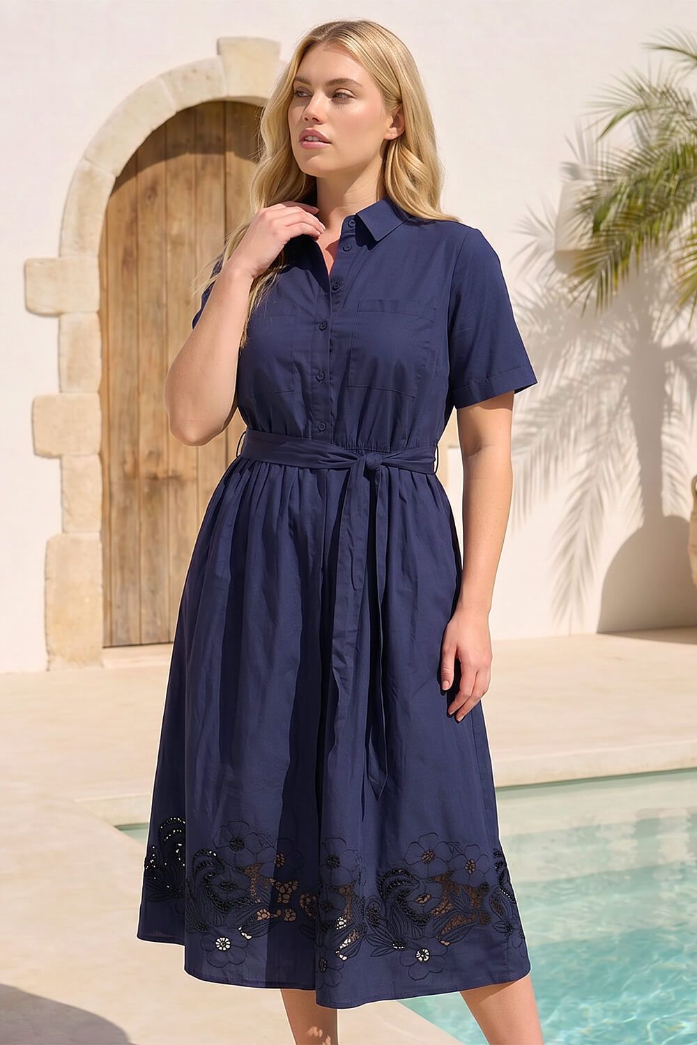 Roman Women's Curve Poplin Floral Shirt Dress in Navy