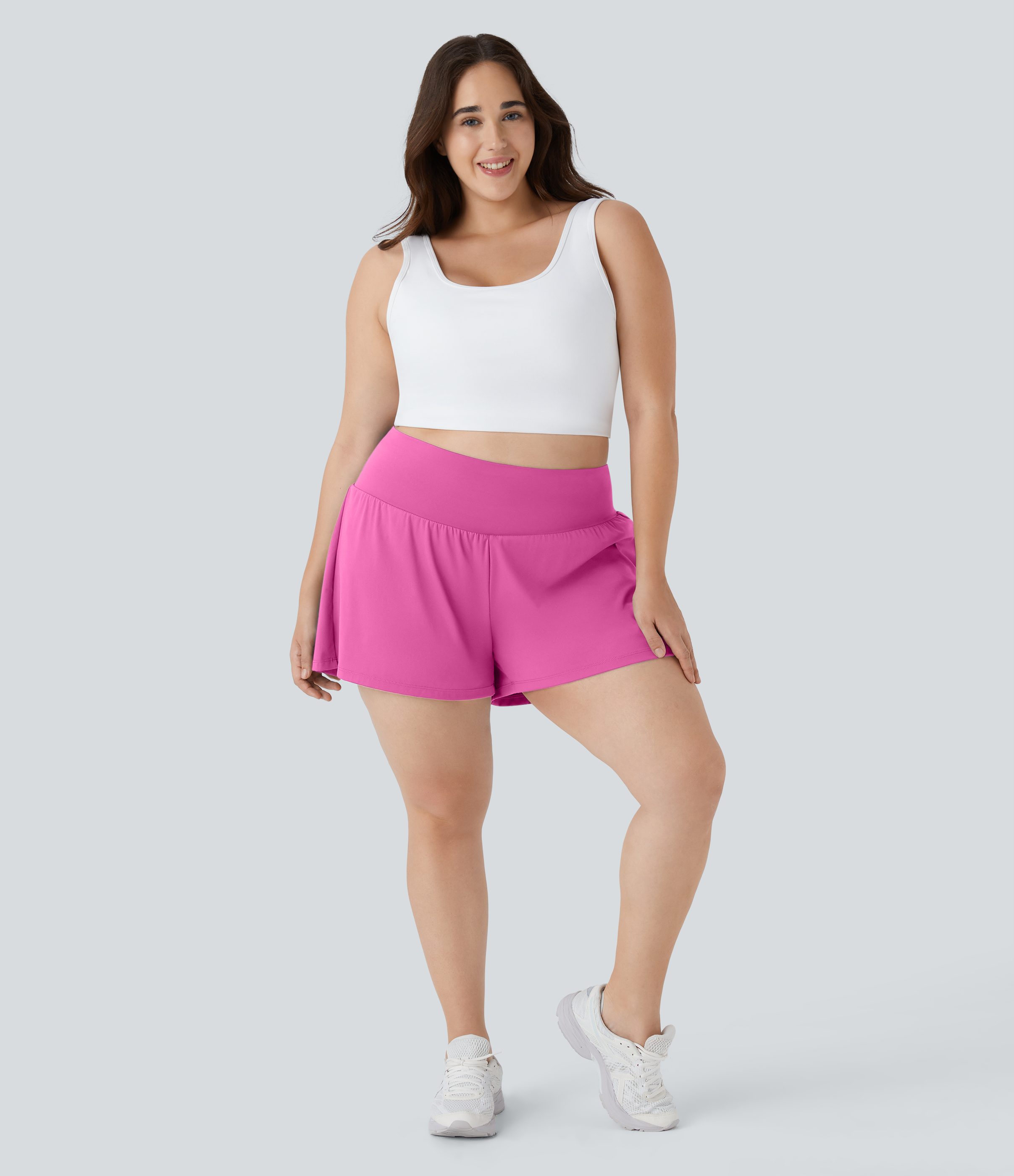 Super High Waisted Pocket & Pocket 2-in-1 Yoga Plus Size Shorts 4''-Longer Length Gym Short - Fuchsia Fedora