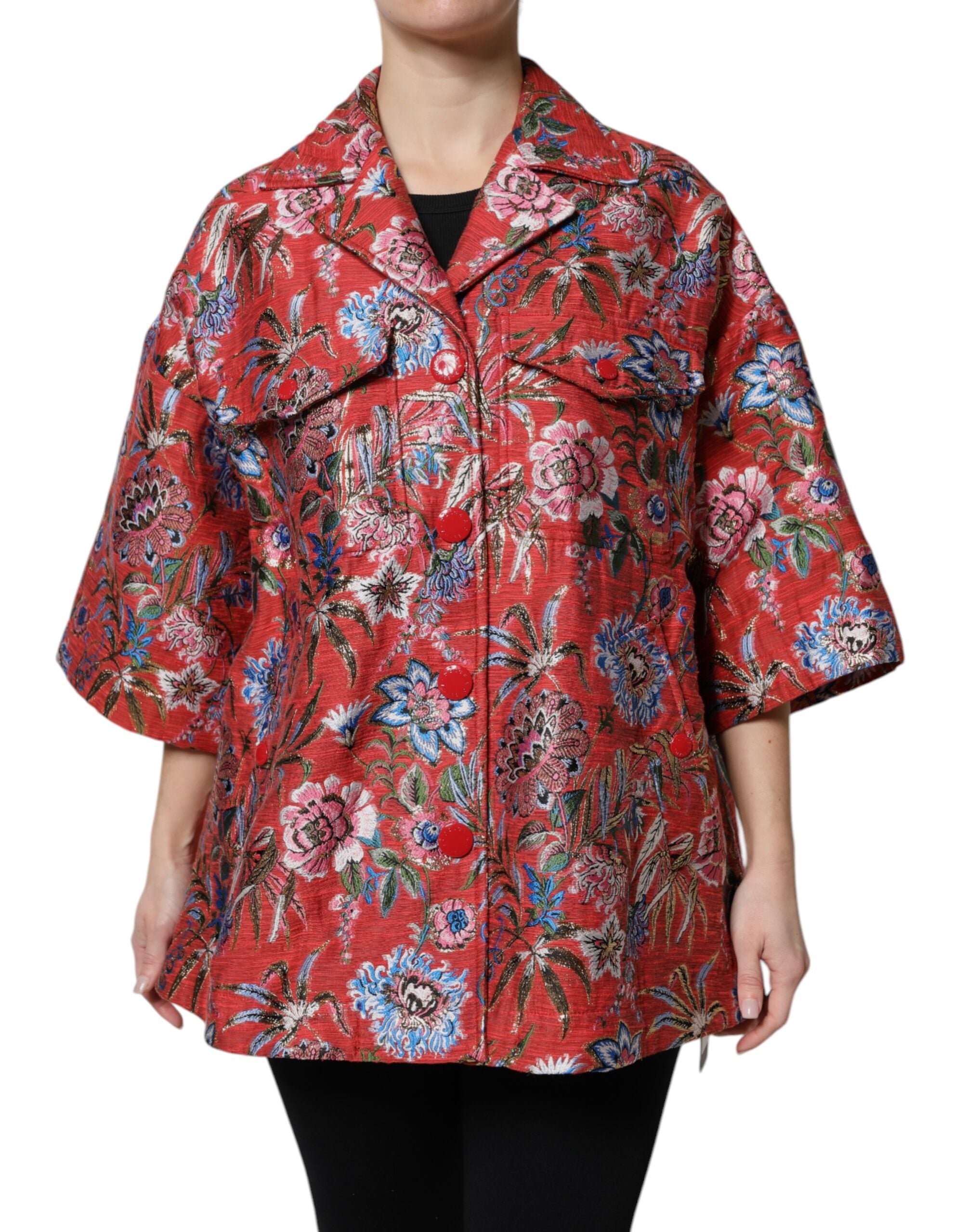 Floral Jacquard Coat — Red