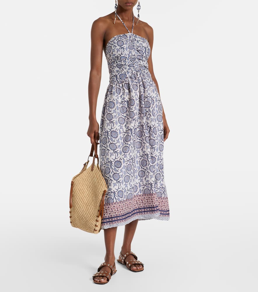 Floral ruched cotton midi dress