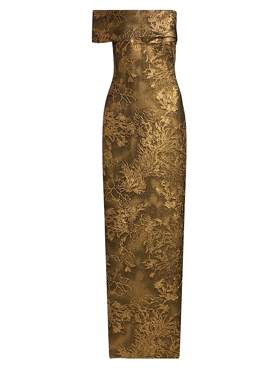 Women's Floral Brocade Asymmetric Column Gown - Antique Gold