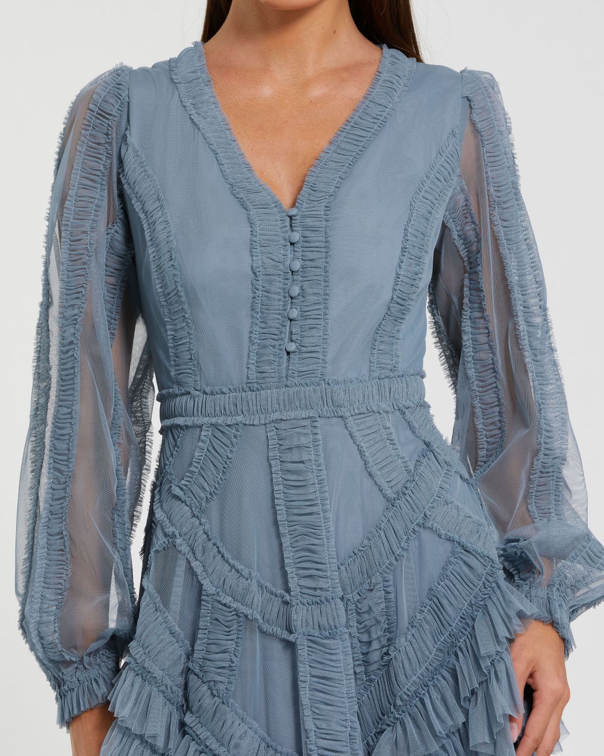 Blue Long Sleeve V-neck Micro Ruffle Wedding Guest Midi Dress In Slate Blue