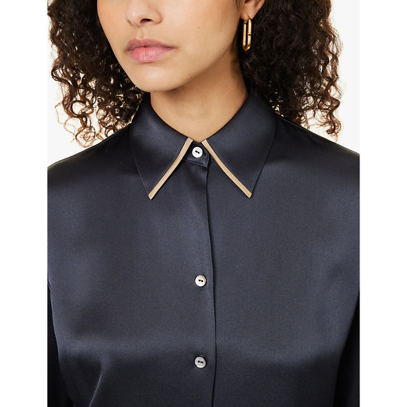 Womens Graphite Contrast-tipping Long-sleeve Silk Shirt S