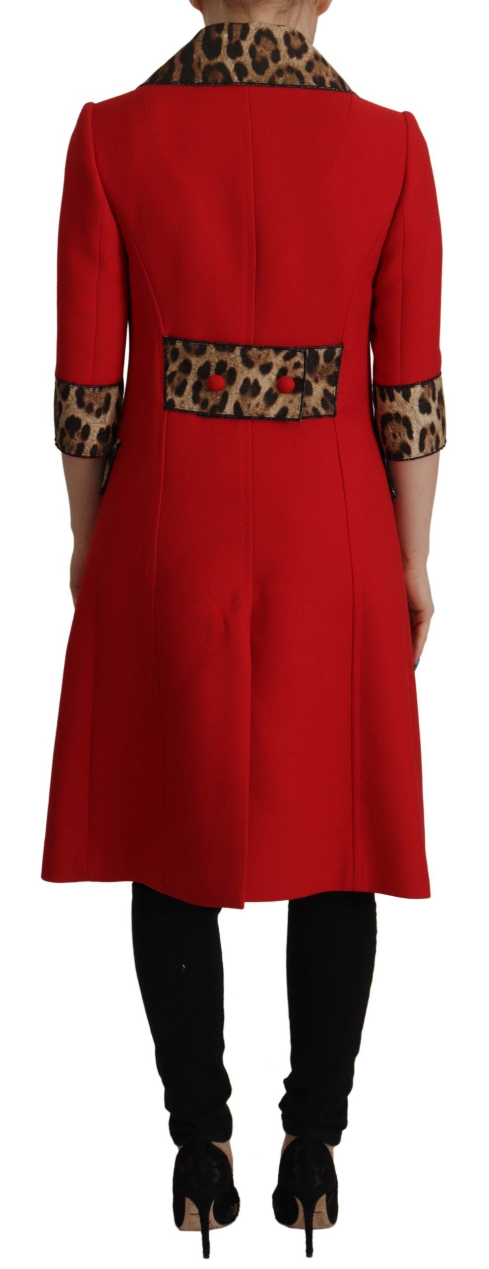 Leopard-Trim Wool Trench Coat — Red