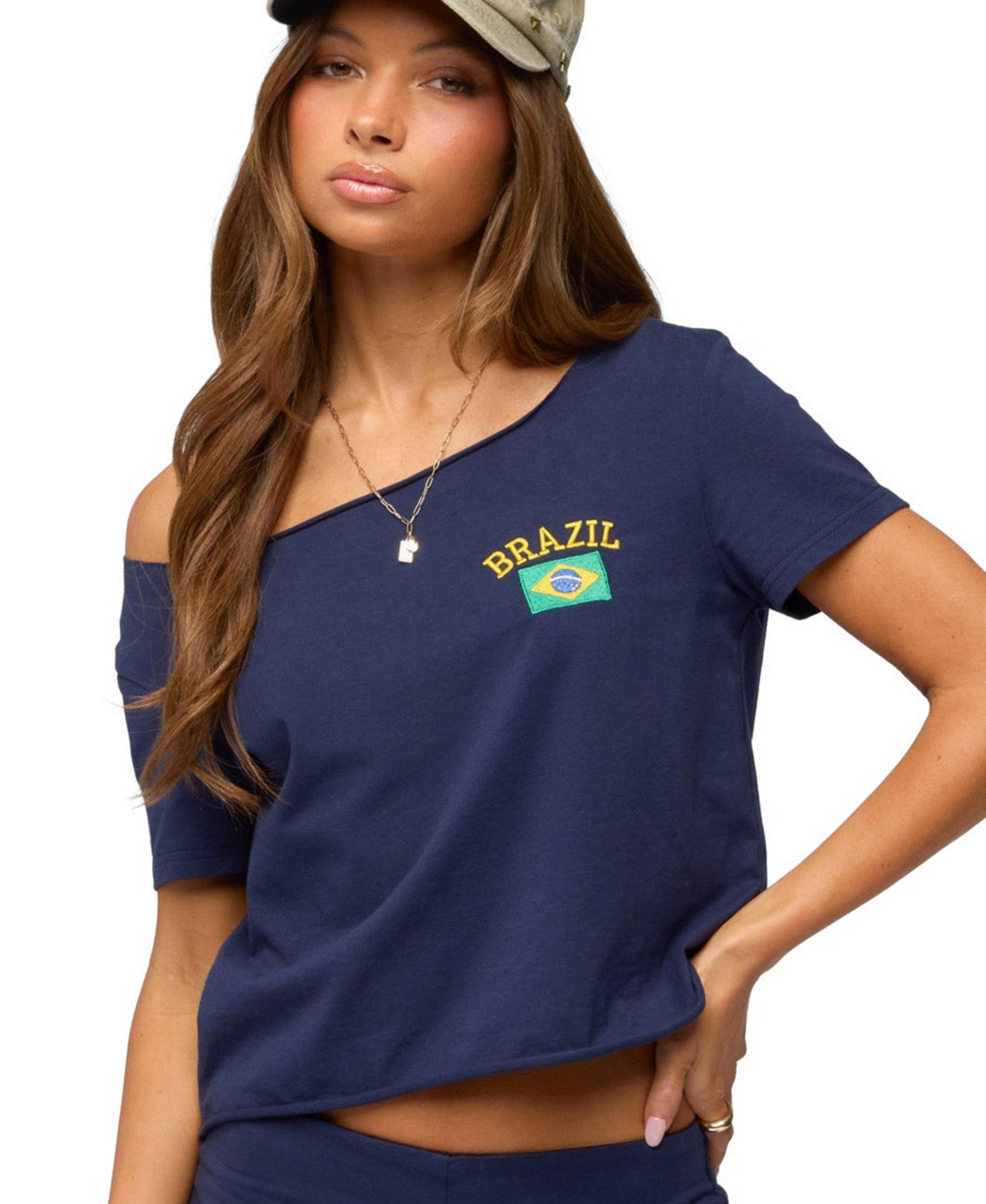 Women's Brazilian Babe Off Shoulder T Shirt - Navy