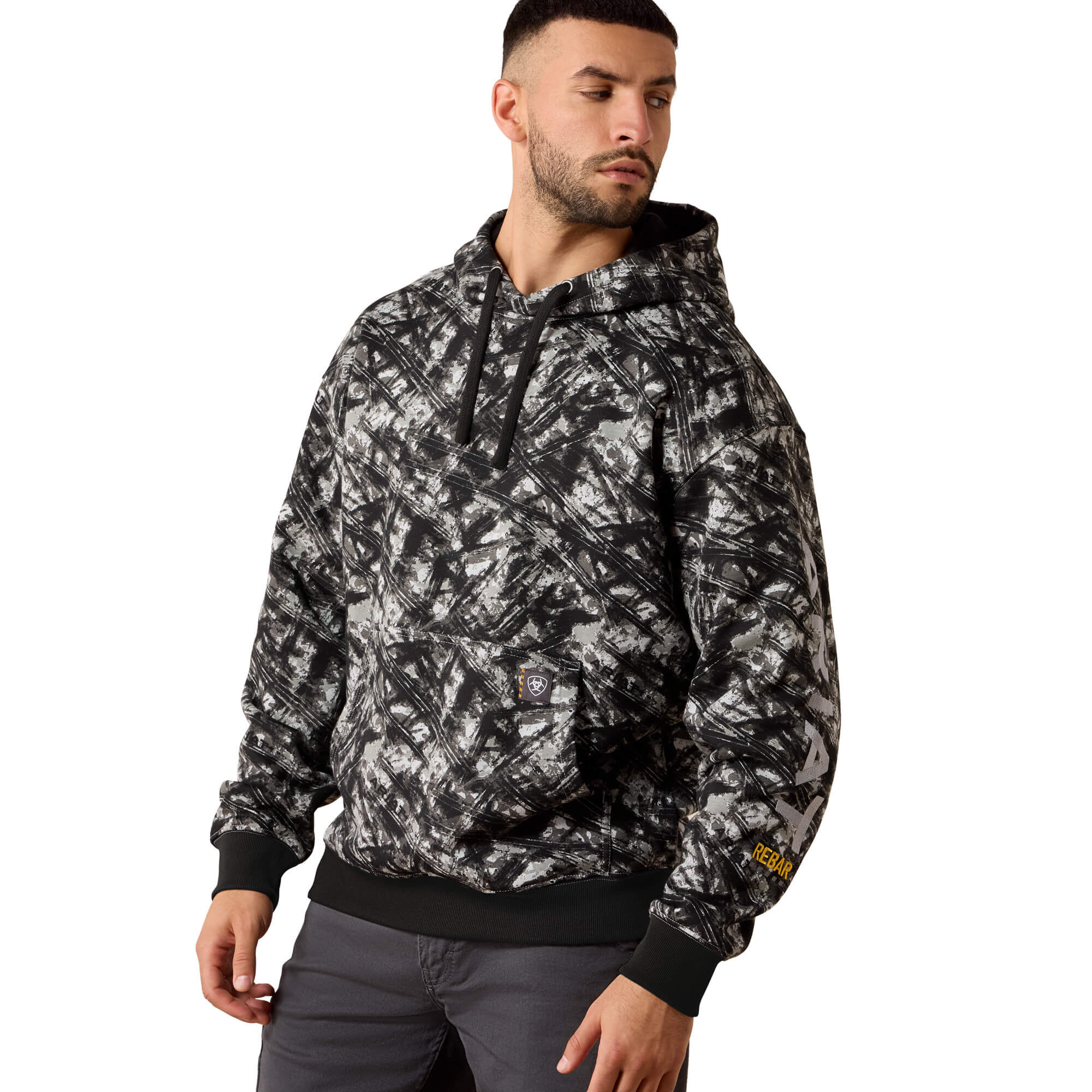 Men's Rebar Workman Graphic Hoodie Long Sleeve Fleece in Camo Grey Cotton, Size Large, by
